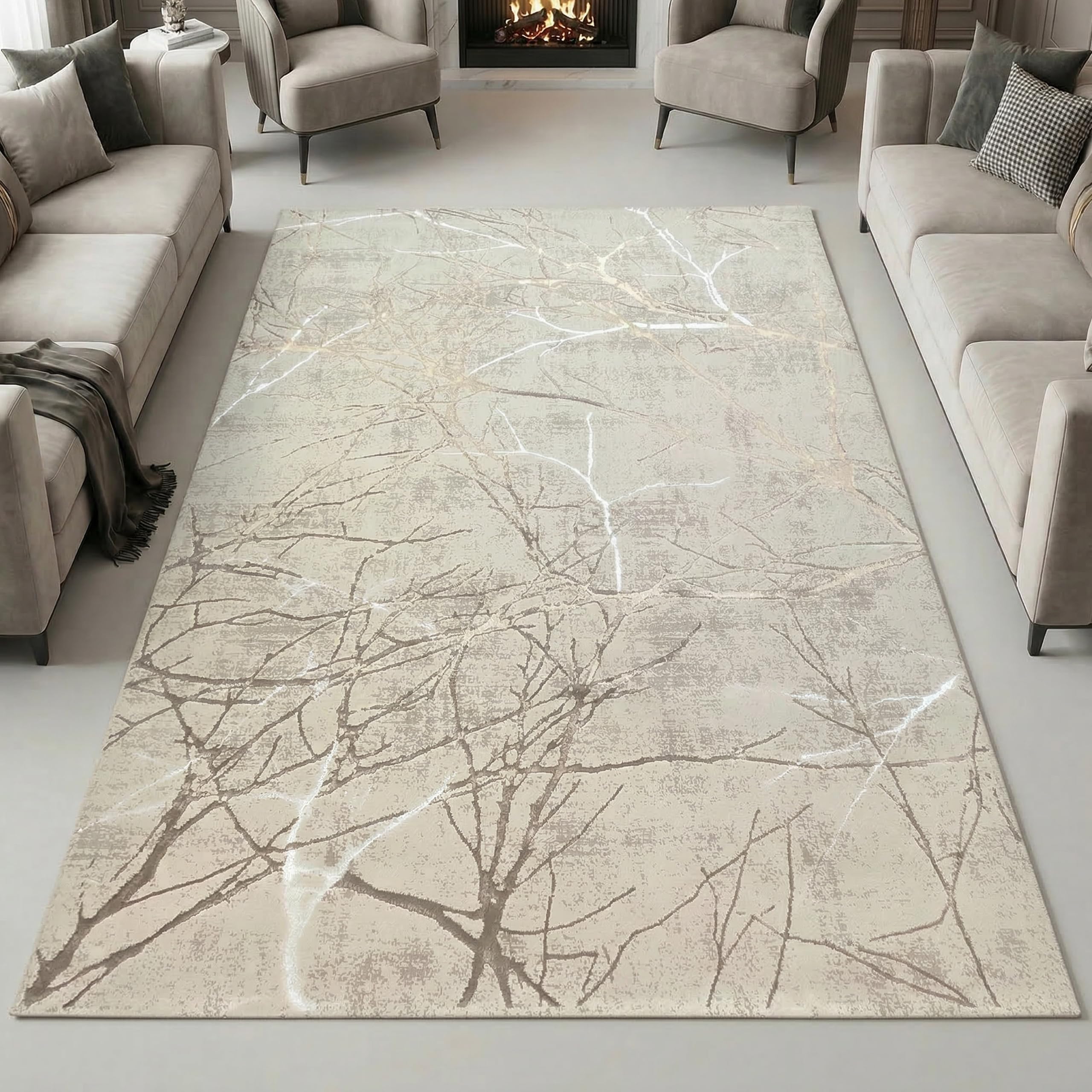 Designerski dywan do przedpokoju i sypialni, abstrakcyjny błyszczący wzór gałęzi, kremowy, wymiary 160 x 230 cm