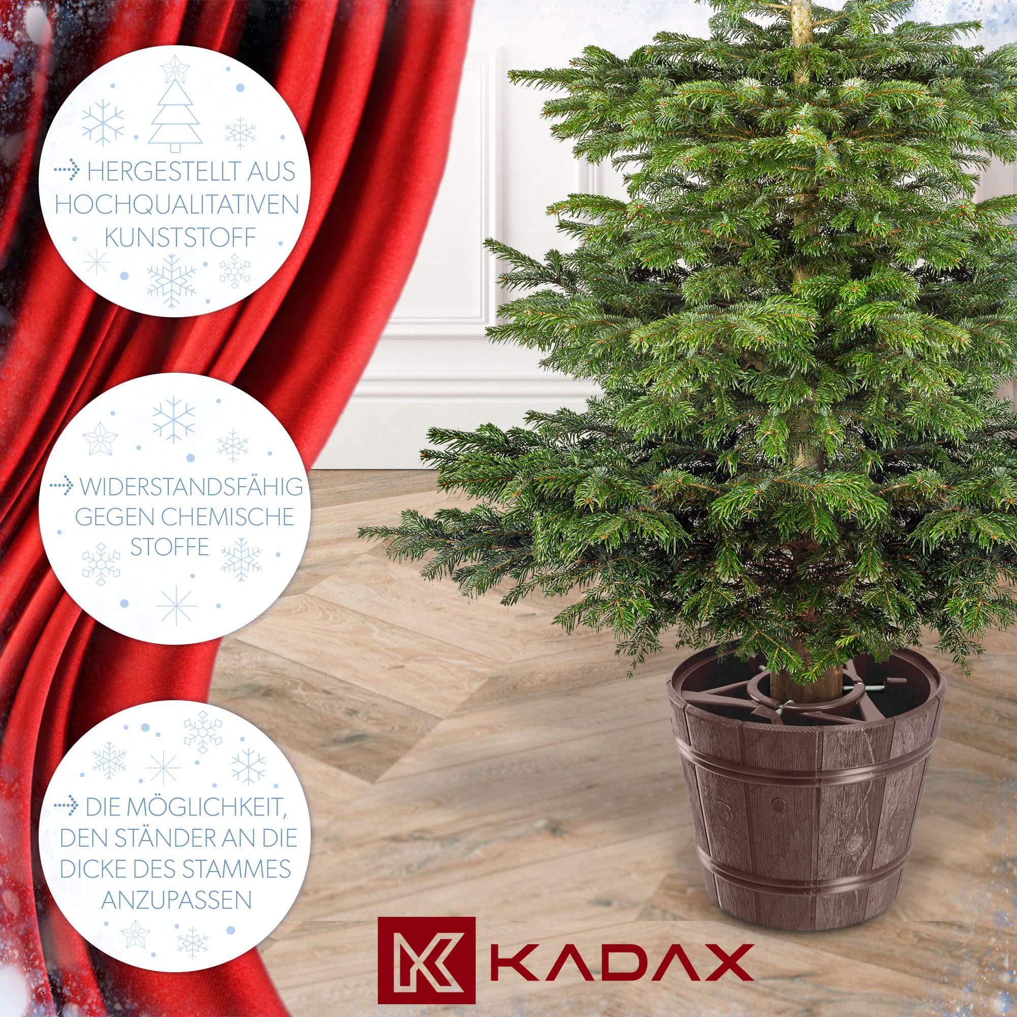 KADAX Weihnachtsbaumständer, Christbaumständer aus Kunststoff, Tannenbaumständer in Zwei Farbversionen, Kunststoffständer für einen Weihnachtsbaum (Baumhöhe bis 240cm /Braun)