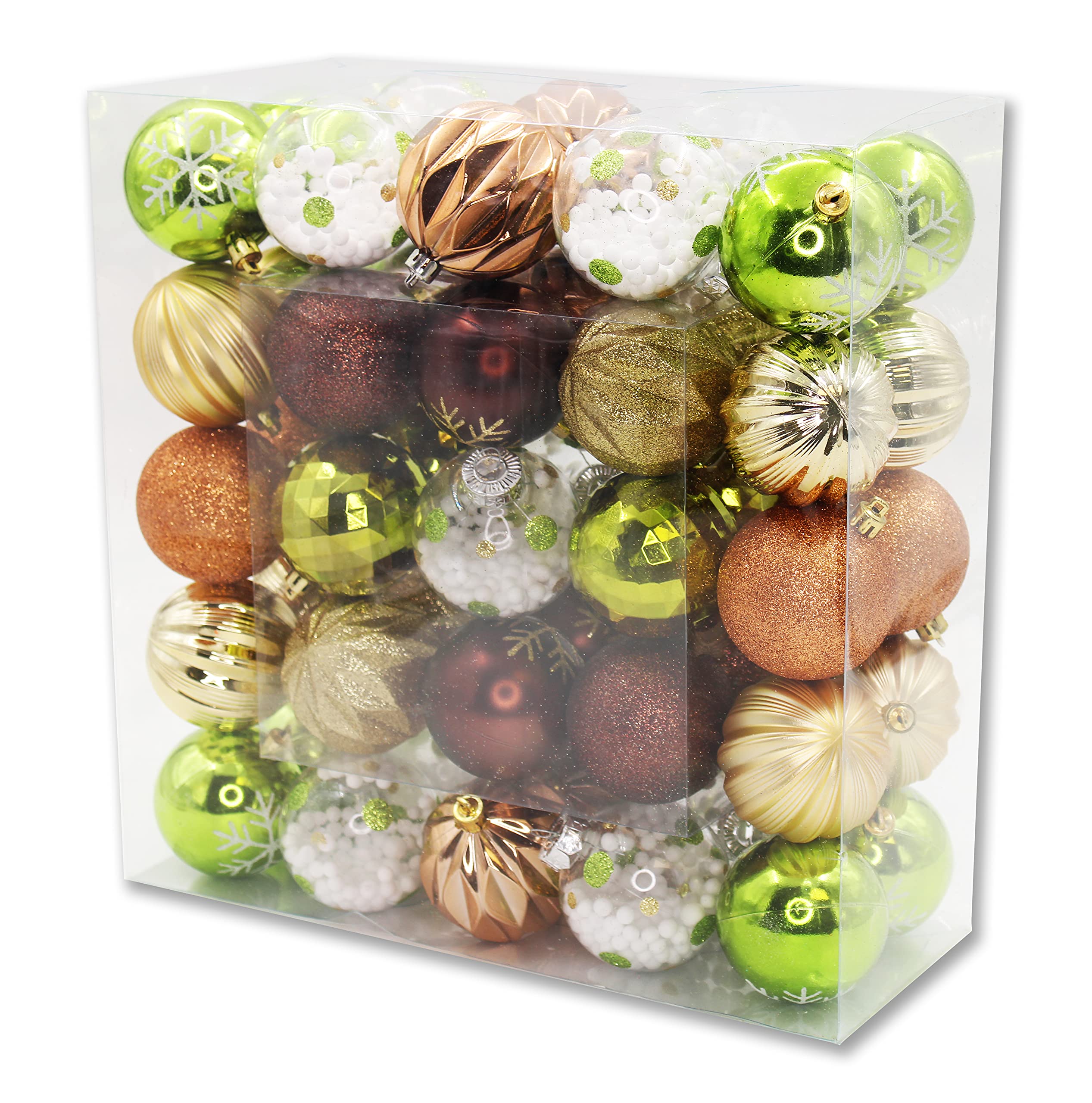 Queens of Christmas 50 Pack Lime Green, Green, Copper, Gold, Brown Assorted Ball Ornaments, (ORNPK-ASTB-WOOD-50)