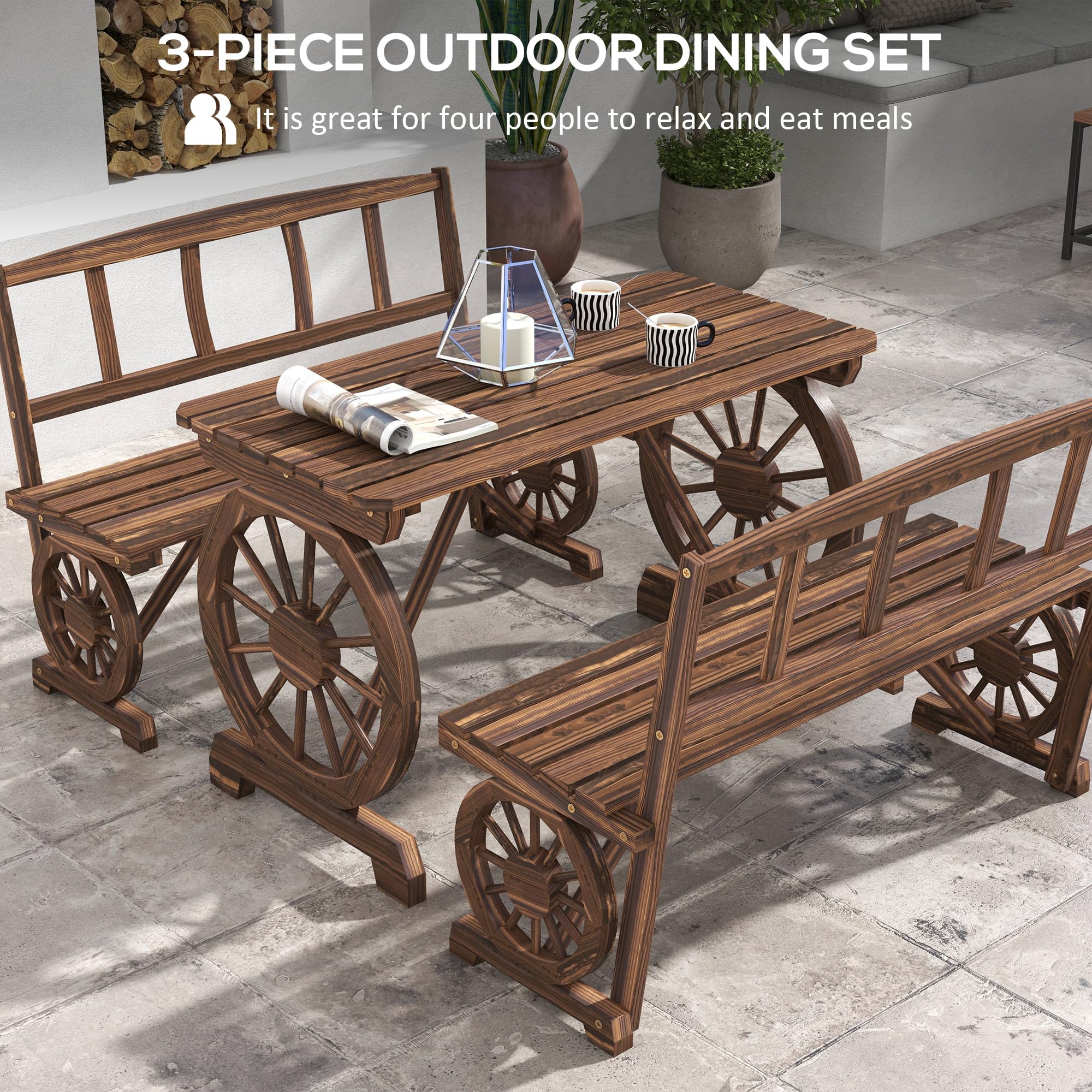 Mesa y sillas para exteriores para 4 personas, juego de mesa de patio de madera y banco de comedor, juego de muebles de 3 piezas para todo tipo de clima con diseño de rueda de carro para 4