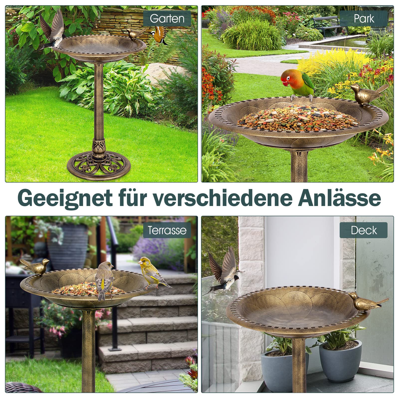 COSTWAY Vogeltränke stehend, Vogelfutterstation Retro, EIN Vogel auf Wasserschale, Futterstation Vogelfutterspender für Wildvögel, für Garten Vogelbad, Bird Feeder Futterplatz, 51 x 72 cm, Bronze
