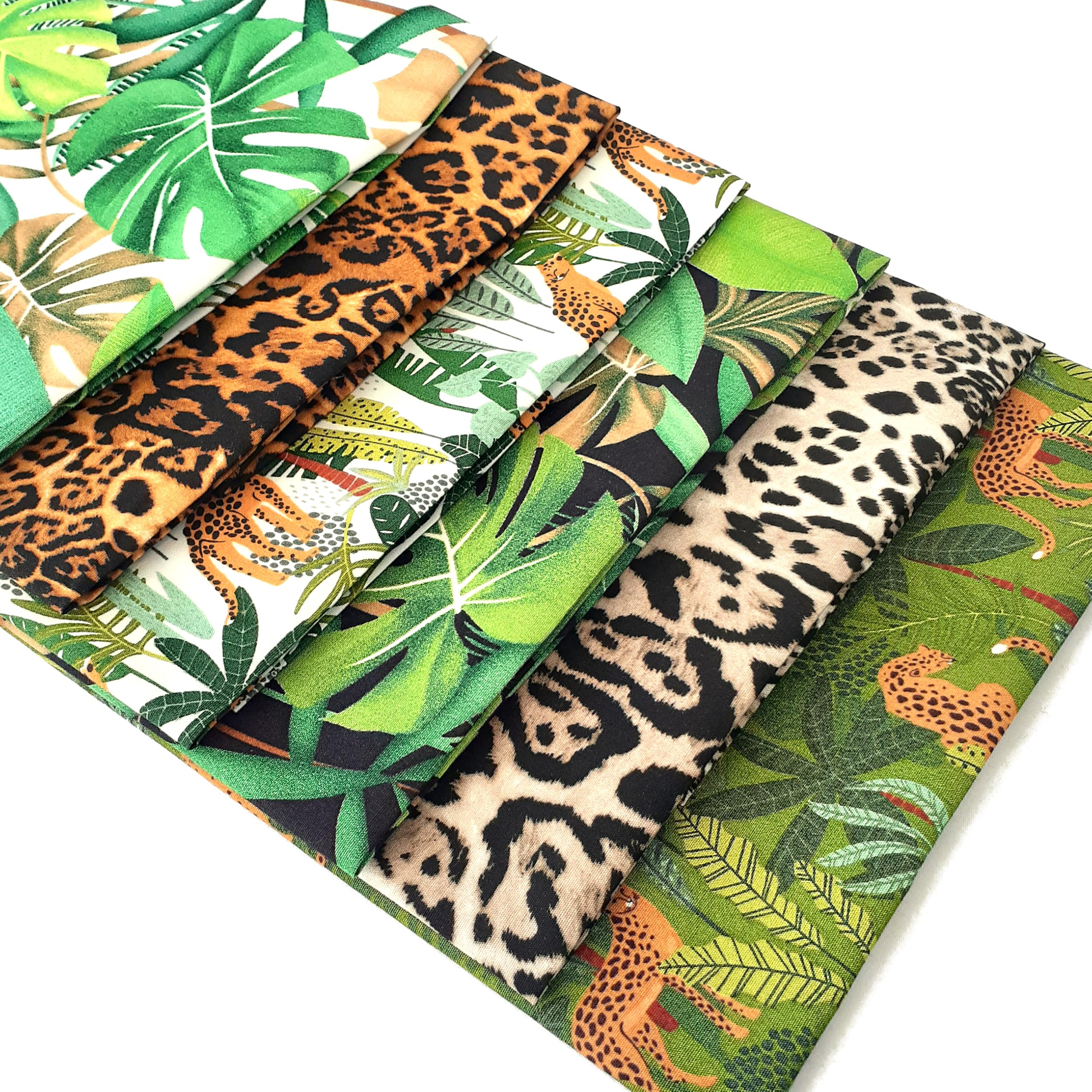 Jungle Cats Fat Quarter Fabric Bundle - 6 Fat Quarters of 100% Cotton Fabric Featuring Leopards in A Jungle by Sewing Cut