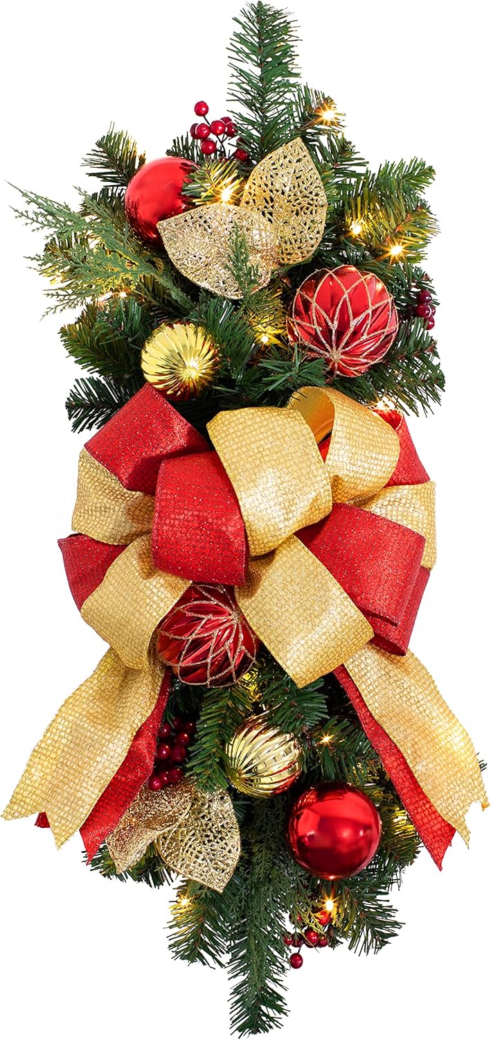 Haute Decor 26 Inch Madison Pre-lit LED Christmas Staircase Swag with Shatterproof Ornaments, Artificial Berries, and Built-in Timer