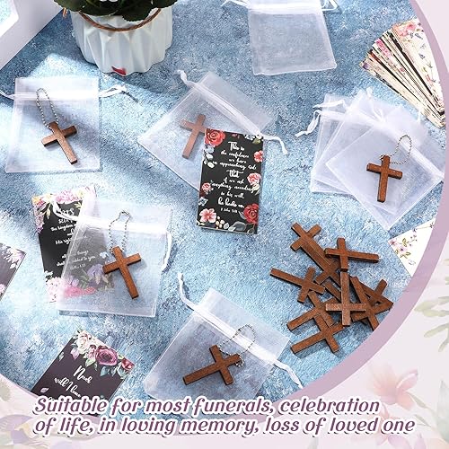 Miniatura 5 de Qeeenar Juego de 50 llaveros de cruz de madera para decoración de celebración de la vida, incluyendo mini dije de cruz de madera, bolsa de regalo de