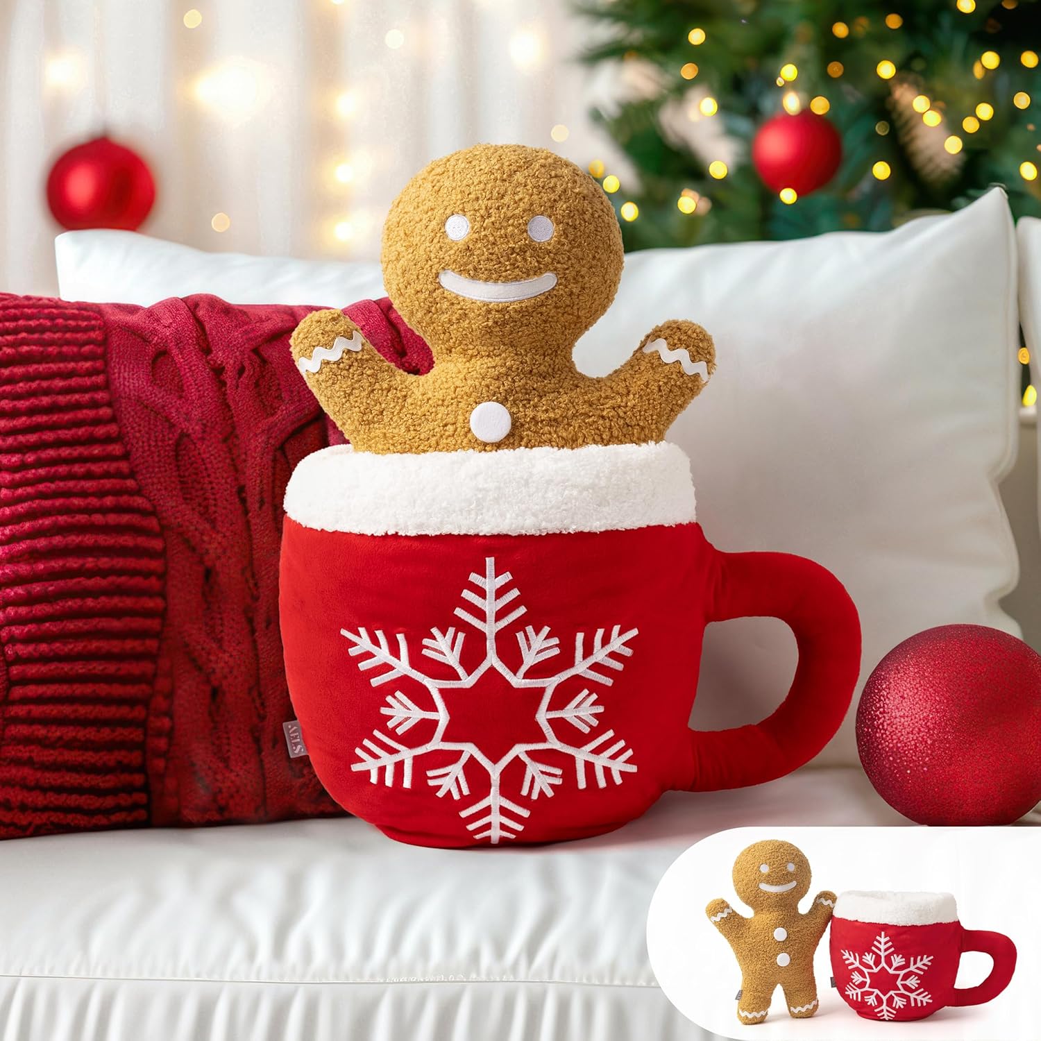 AELS Hot Cocoa Gingerbread Man Throw Pillow Set of 2, 17.3" & 14" Christmas Decorative Throw Pillows, Gingerbread Boy & Hot Chocolate Cup Shaped Plush for Christmas, Living Room Bedroom Decoration