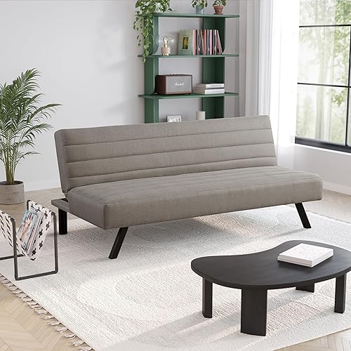 Serta® Damien 66.1" Convertible Futon Sofa, Dreamcoil® Comfort, FingerGuard® Pinch Point Protection, Woven Polyester Fabric, Taupe