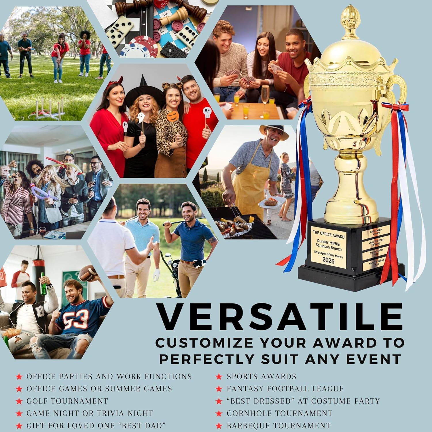 Alpha Awards Large Gold Metal Trophy Cup, with Custom Engraved Name Plates, Traveling Perpetual Corporate Award, 15.75 Inch Tall, for Sports, Tournaments, Championships, Competitions, Parties