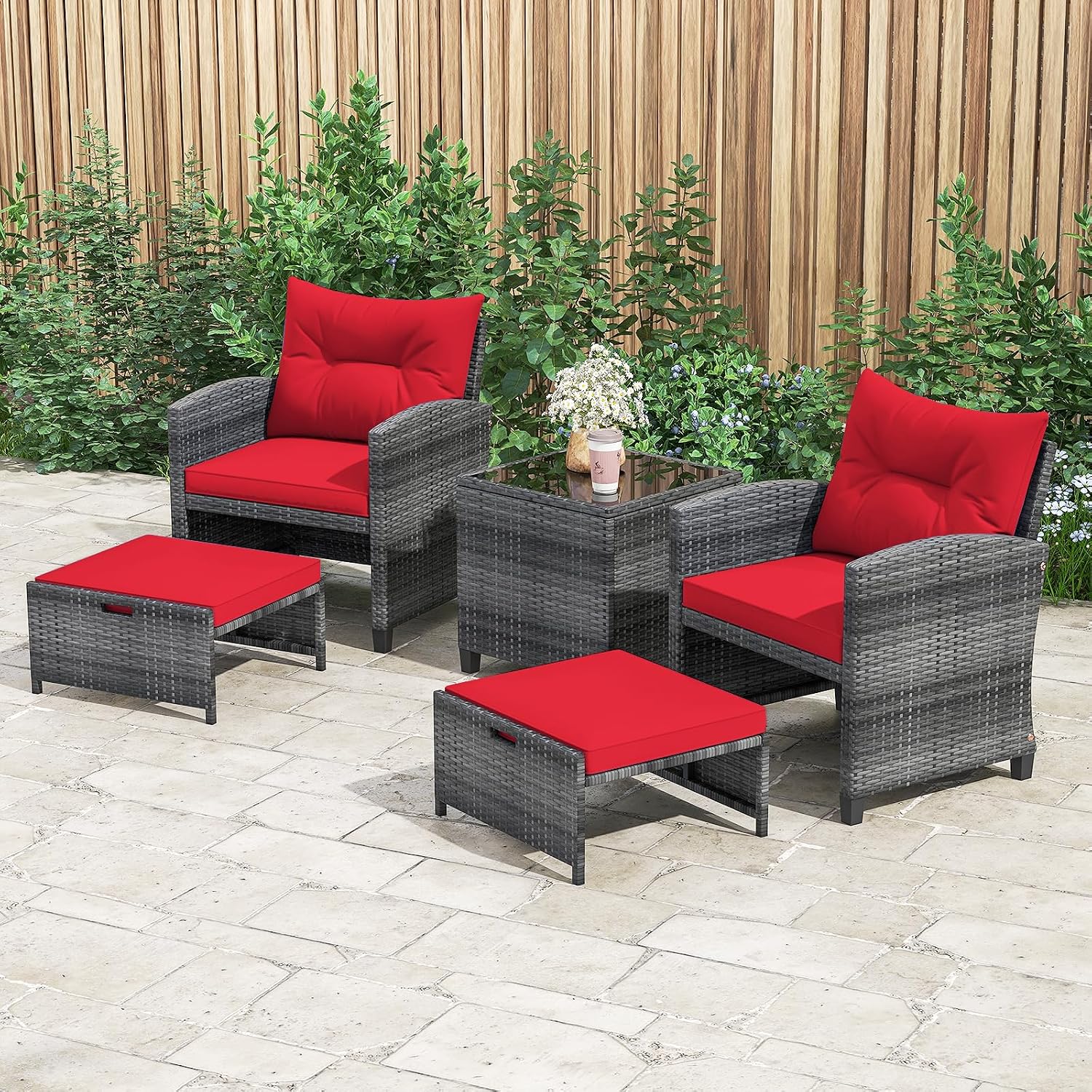 ORALNER 5 Pieces Patio Furniture Set with Ottoman, Wicker Conversation Set w/Cushions, Glass Coffee Table, Outdoor Lounger Rattan Chairs Bistro Set for Porch Balcony Garden Deck Poolside (Red)