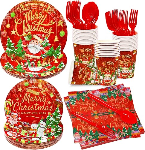 144 Pieces, Christmas Disposable Dinnerware Set - Serves 24 Guest  Christmas Paper Plates and Napkins  Christmas Plates and Napkins, Christmas Paper