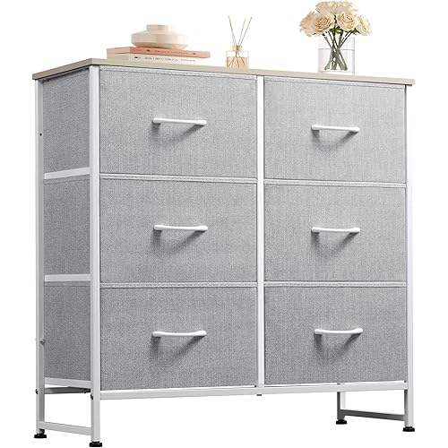 WLIVE Fabric Dresser for Bedroom, 6 Drawer Double Dresser, Closet Dresser with Fabric Bins, Chest of Drawers for Closet, Living Room, Hallway, Light Grey