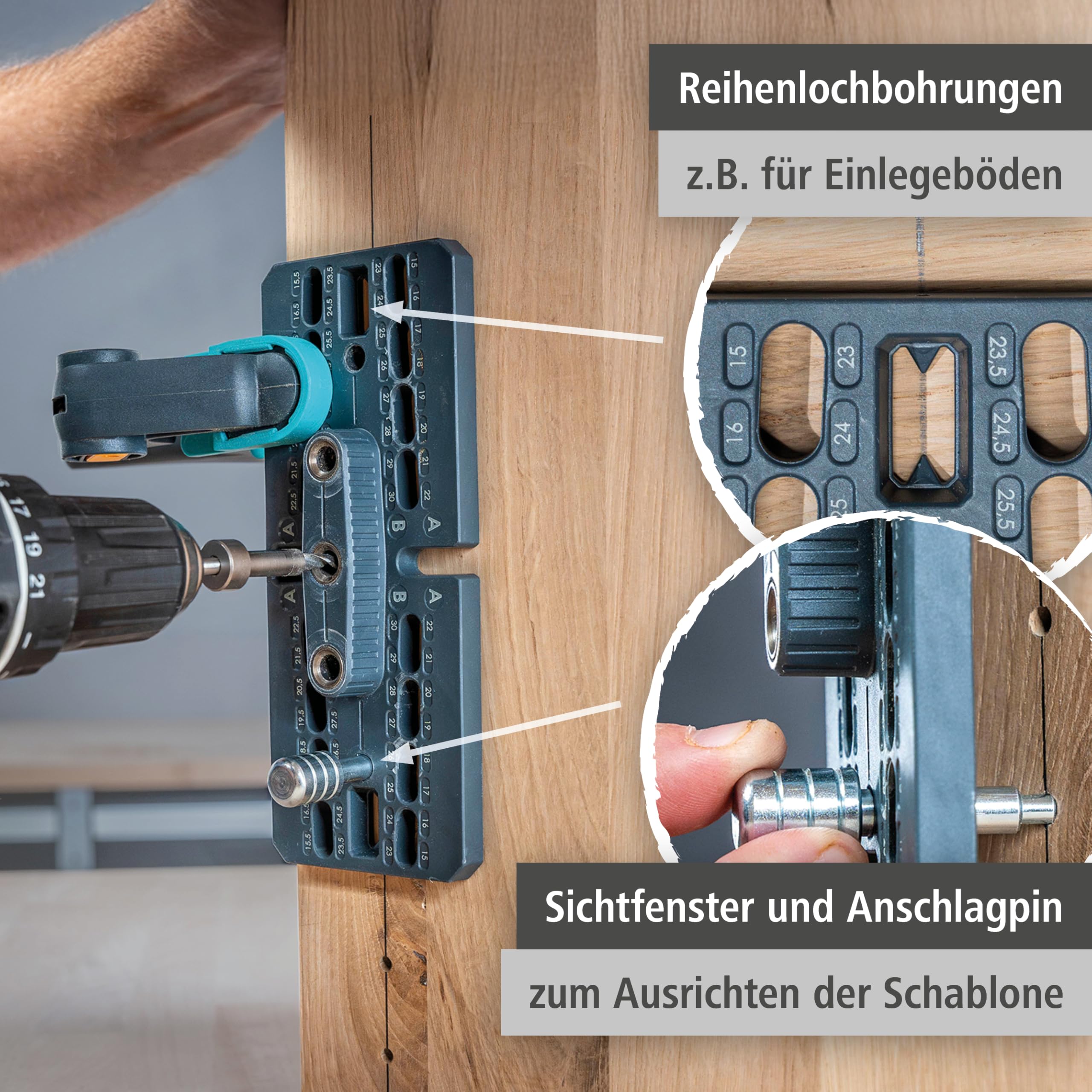Wolfcraft Exzenter-Möbelverbinder-Set - Möbelbau-Set mit Bohrschablone | Komplett-Set für lösbare Eck-, T- und Flachverbindungen inklusive Forstnerbohrer, Schrauben und Dübeln - 4665000