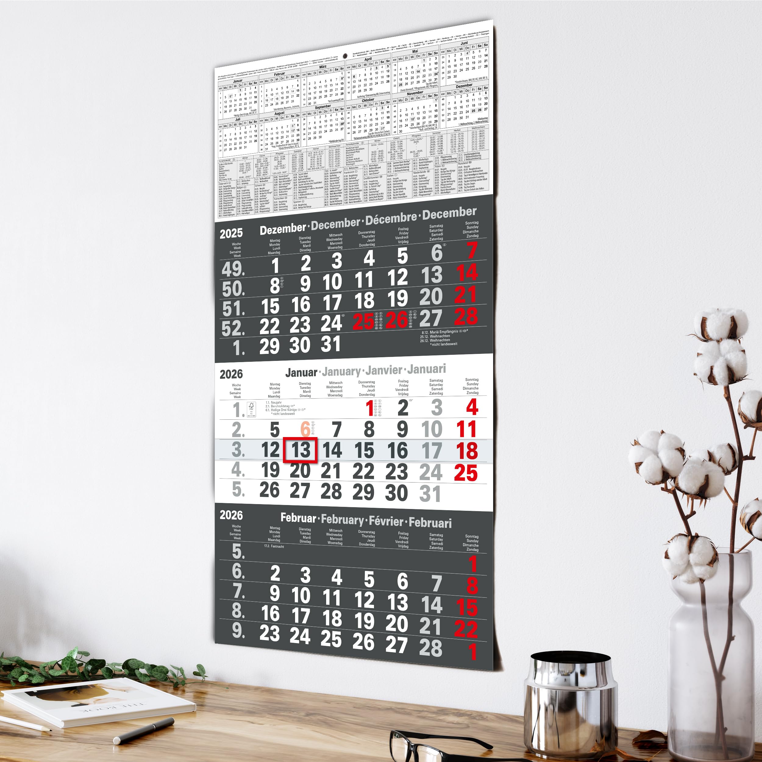 Calendario Da Parete 3 Mesi 2024 - Con Cursore, Motivo Cuccioli, 30x49 Cm, Multilingue (DE/EN/FR) - Foto 1