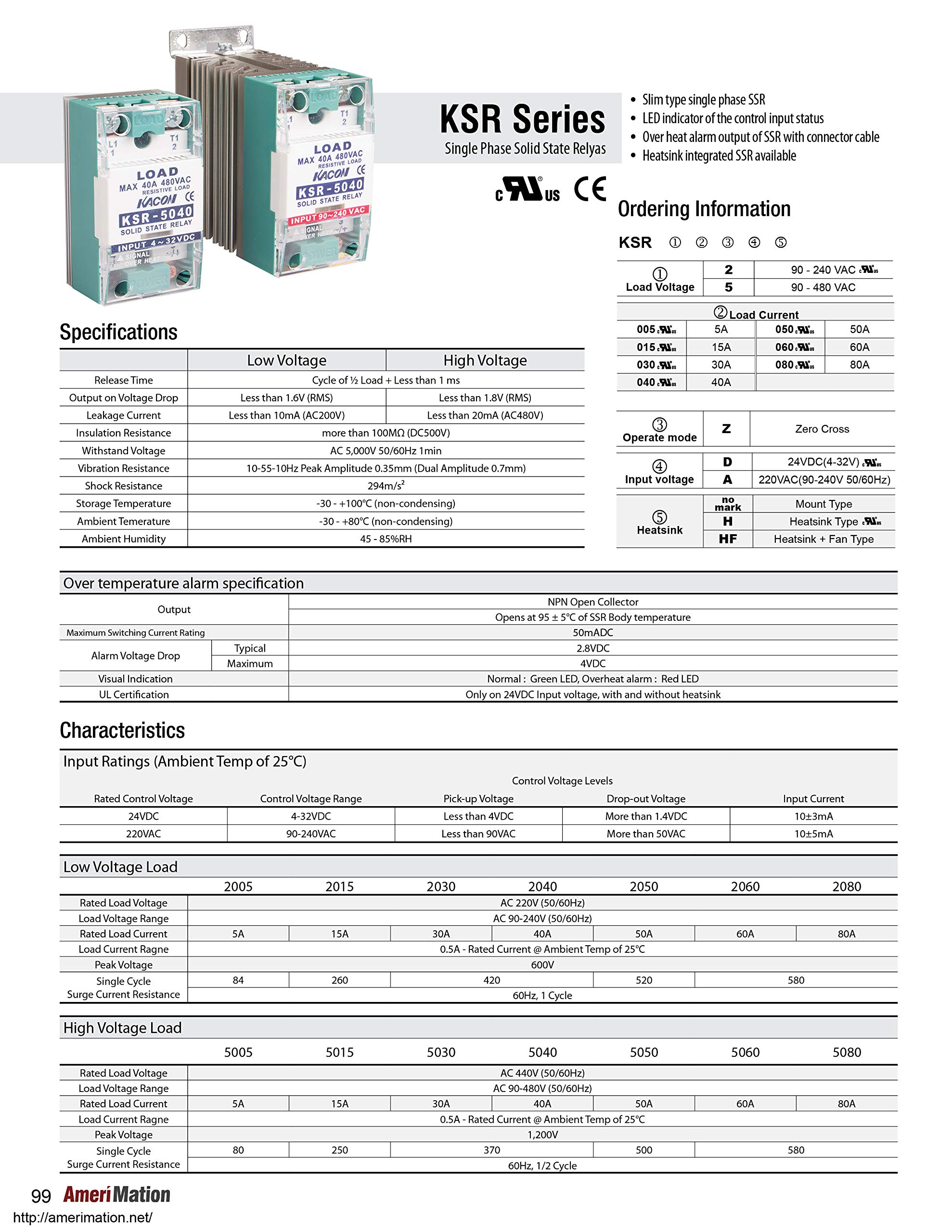 KSR5015ZA, Solid State Relay, Over Temperature Alarm, Single Phase, Zerocross, Input 90-240VAC, Load Voltage 90-480VAC, 15A, 5000 Dielectric Strength