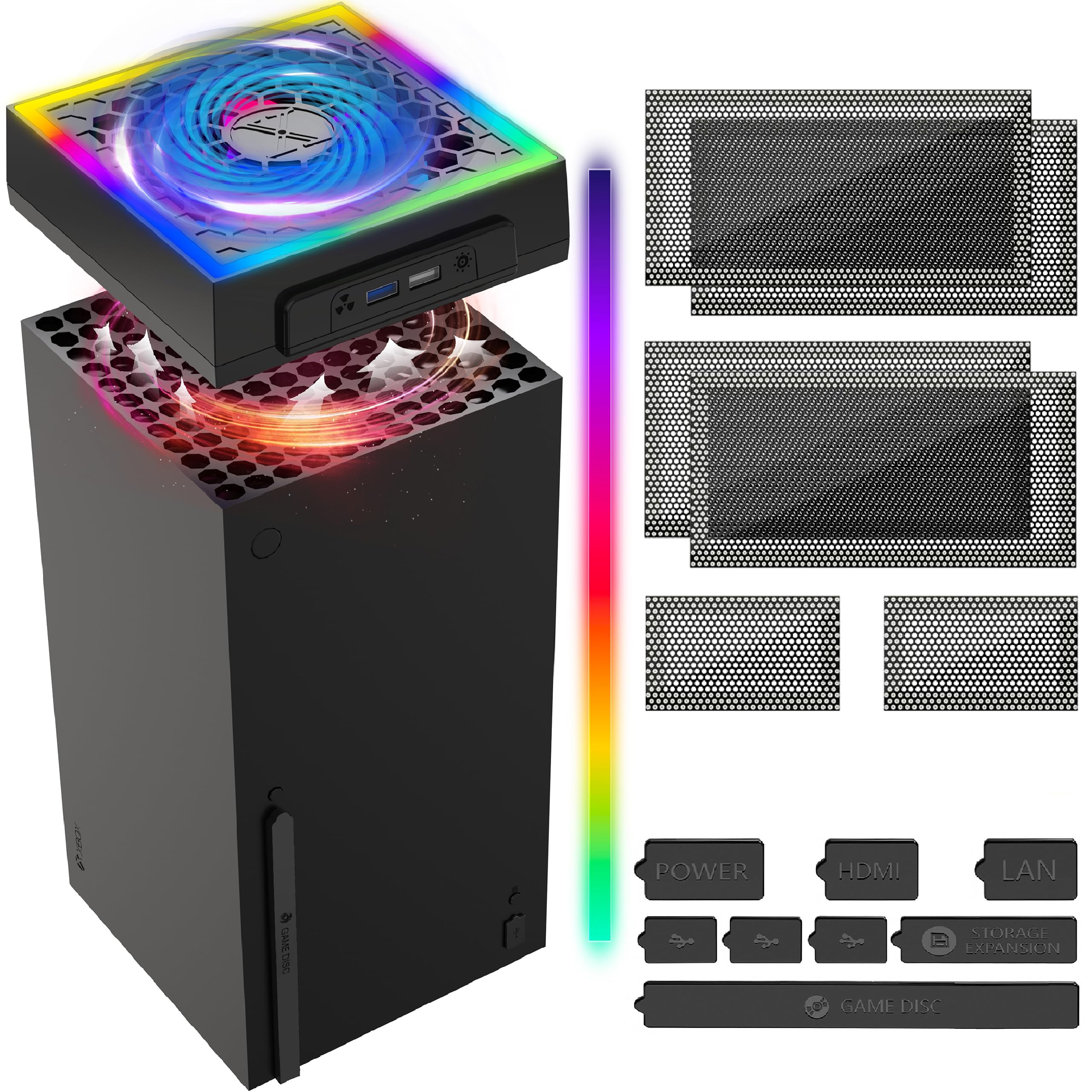Kühlventilator staubdicht für Xbox Serie X Konsole mit buntem LED Licht, Zubehör mit 6 Staubschutzfiltern, 8 Gummistopfen, 3 Stufen geräuscharmer Top-Lüfter, für Xbox Serie X Schwarz & Weiß