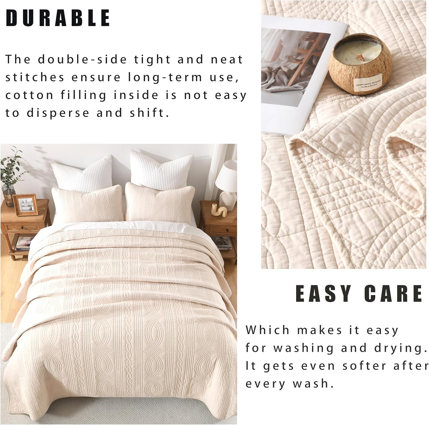 Homzard Quilts Queen Size Bedding Set, 100% Cotton Beige Queen Size Comforter Set,Wave Pattern Bedspread Set,Solid Modern Bedding Coverlet 3 Piece Bed Set, All Season