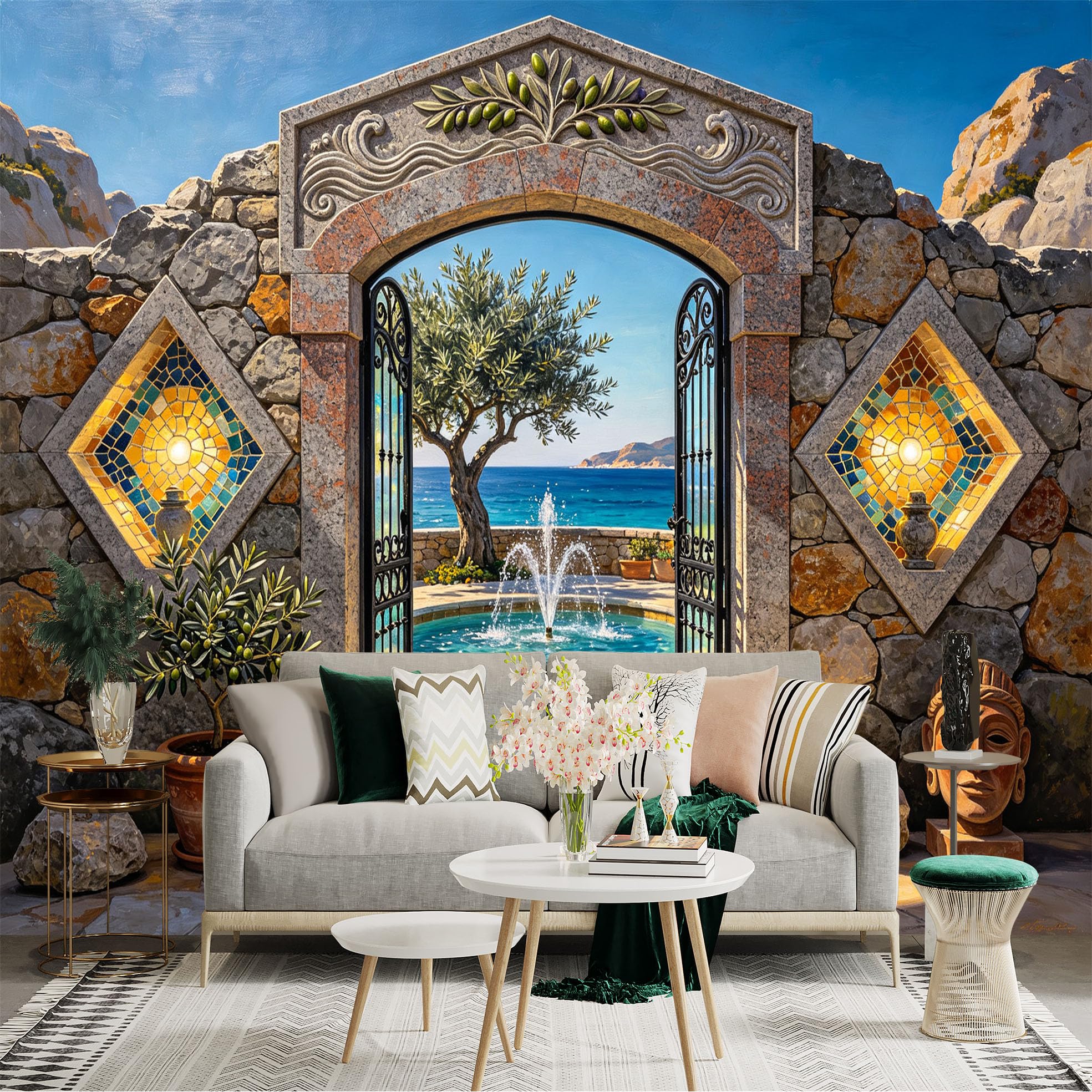 Custom Size Wall Sticker Mural， Stone Archway Seaside Courtyard， Olive Tree and Fountain， for wall Decoration， peelandstick wall Decals.