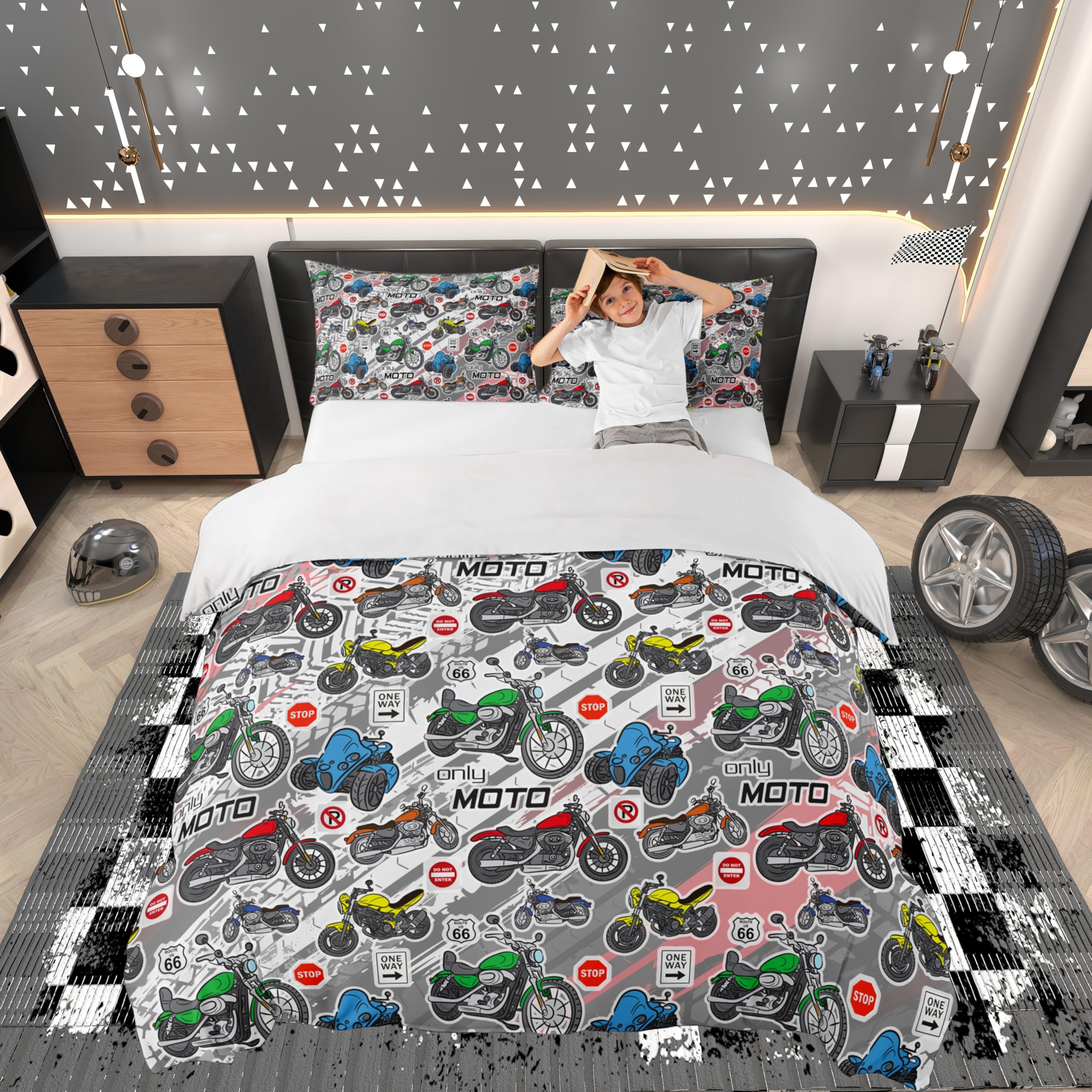 Parure de lit motocross garcon 3 pieces avec housse de couette enfant et taies