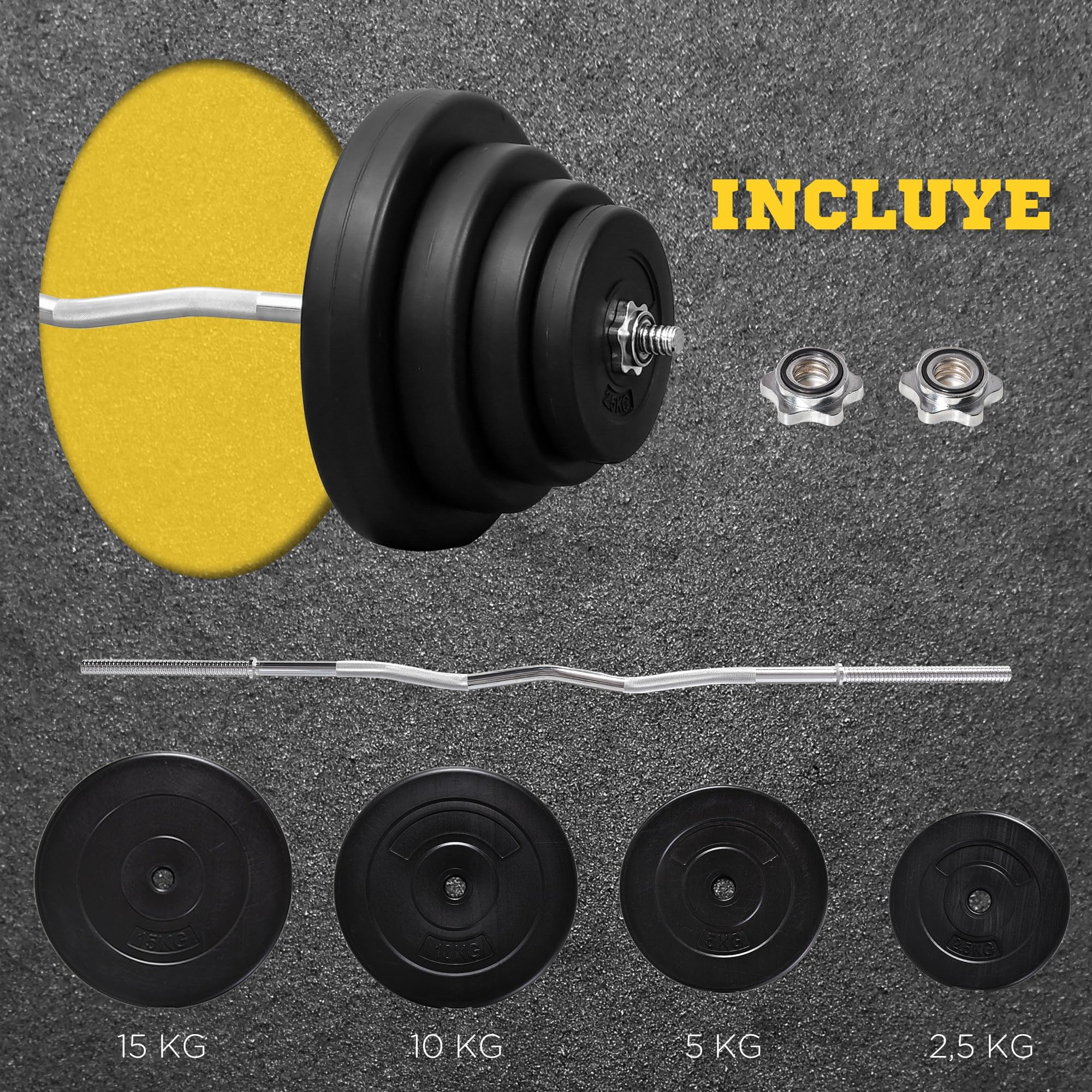 HOMCOM Barra de Pesas Curvada 70 kg Barra de Rizo Set de Musculación con 8 Discos de Pesos 2,5kg-15kg Intercambiables para Entrenamiento Culturismo en Gimnasio Casa 140x38,5x38,5 cm Negro