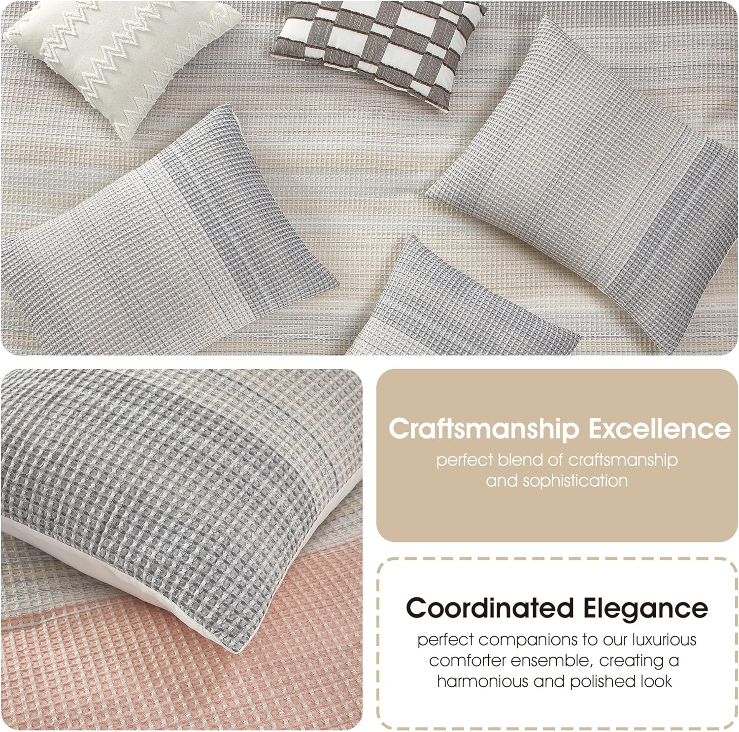 Grand Avenue Grey Waffle Jacquard Comforter Set Queen Size, 7 Piece Striped Bedding Set, All Season Home Decor, Matching Pillow Shams, Bedskirt, Decorative Pillows