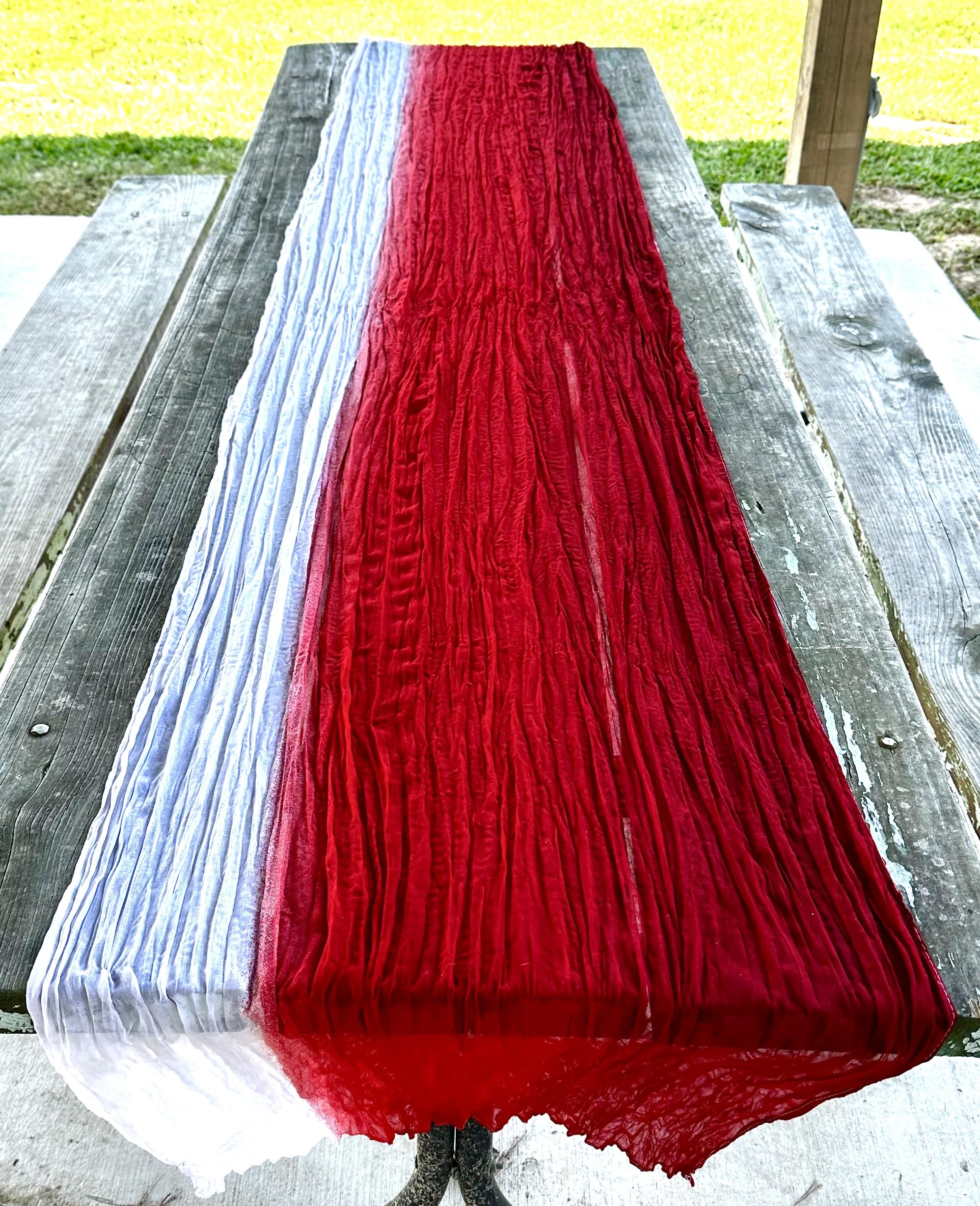 Red to White Fade Cheesecloth Table Runner 10 feet-Long Boho Ombre Tie-Dye Gauze Tablecloth Style–Rustic Natural Fabric for Wedding, Holiday, Baby