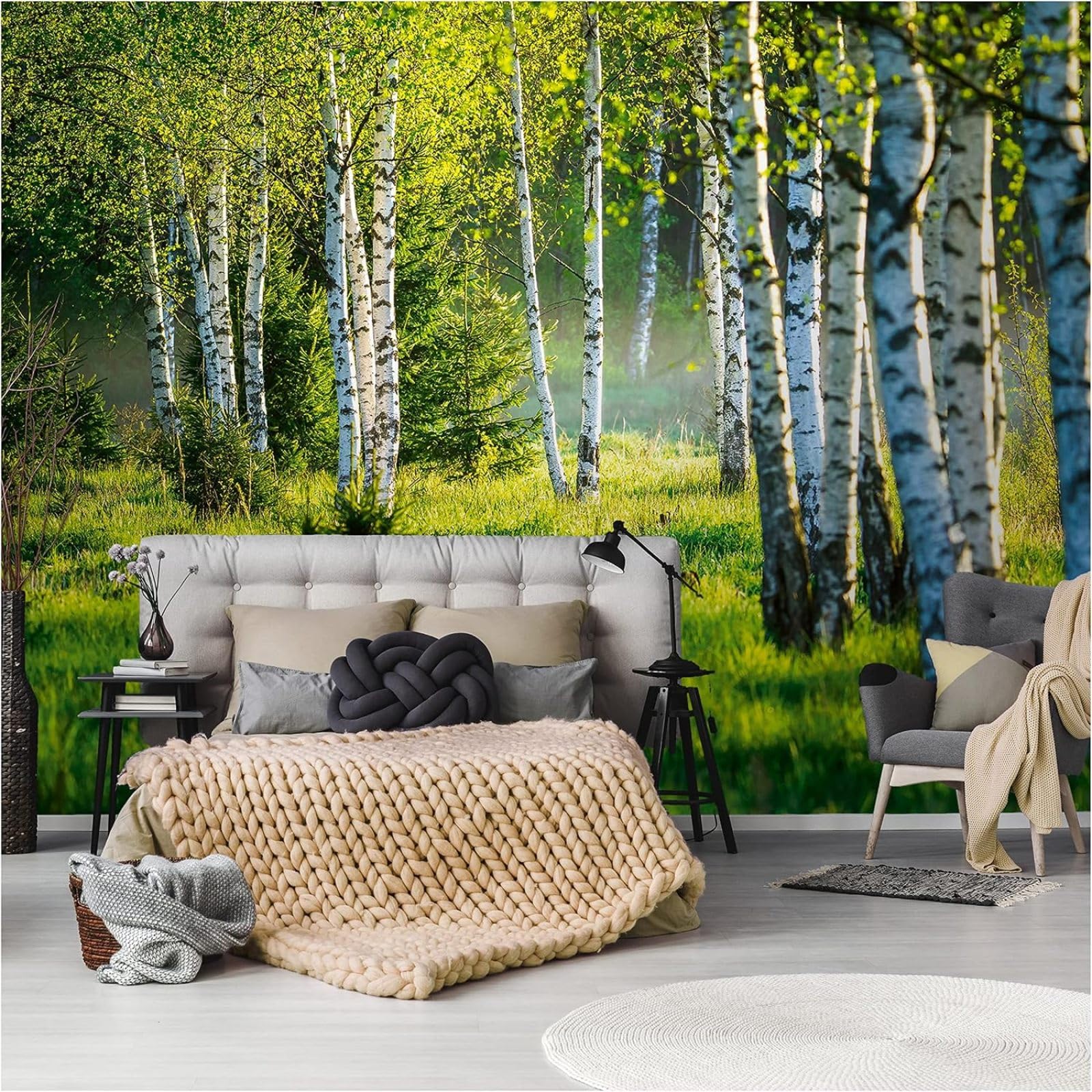 Kfjhgbdshhj 3D Mural Photo Mural-Wallpaper Birch Forest Forest Sun Trees Green Nature Landscape Living Room Bedroom Motif,400Cmx280cm Poster - Wall Sticker - Frameless Picture