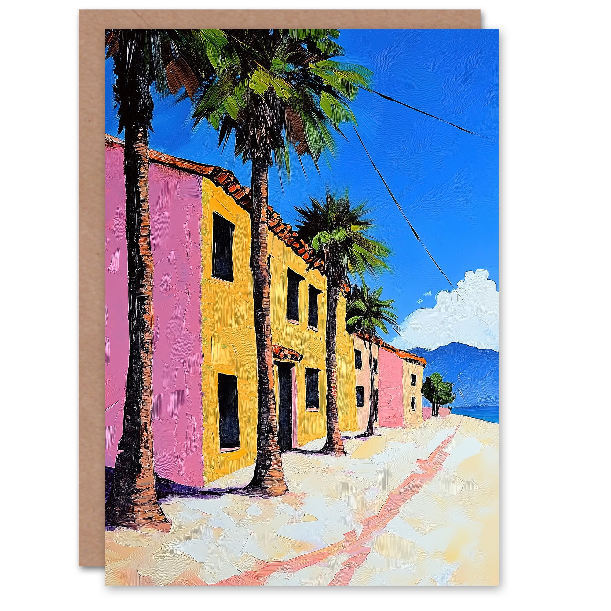 Artery8 Greeting Card Coastal Village Houses Palm Trees Spain Townscape Blank For Him Or Her Art Birthday Card