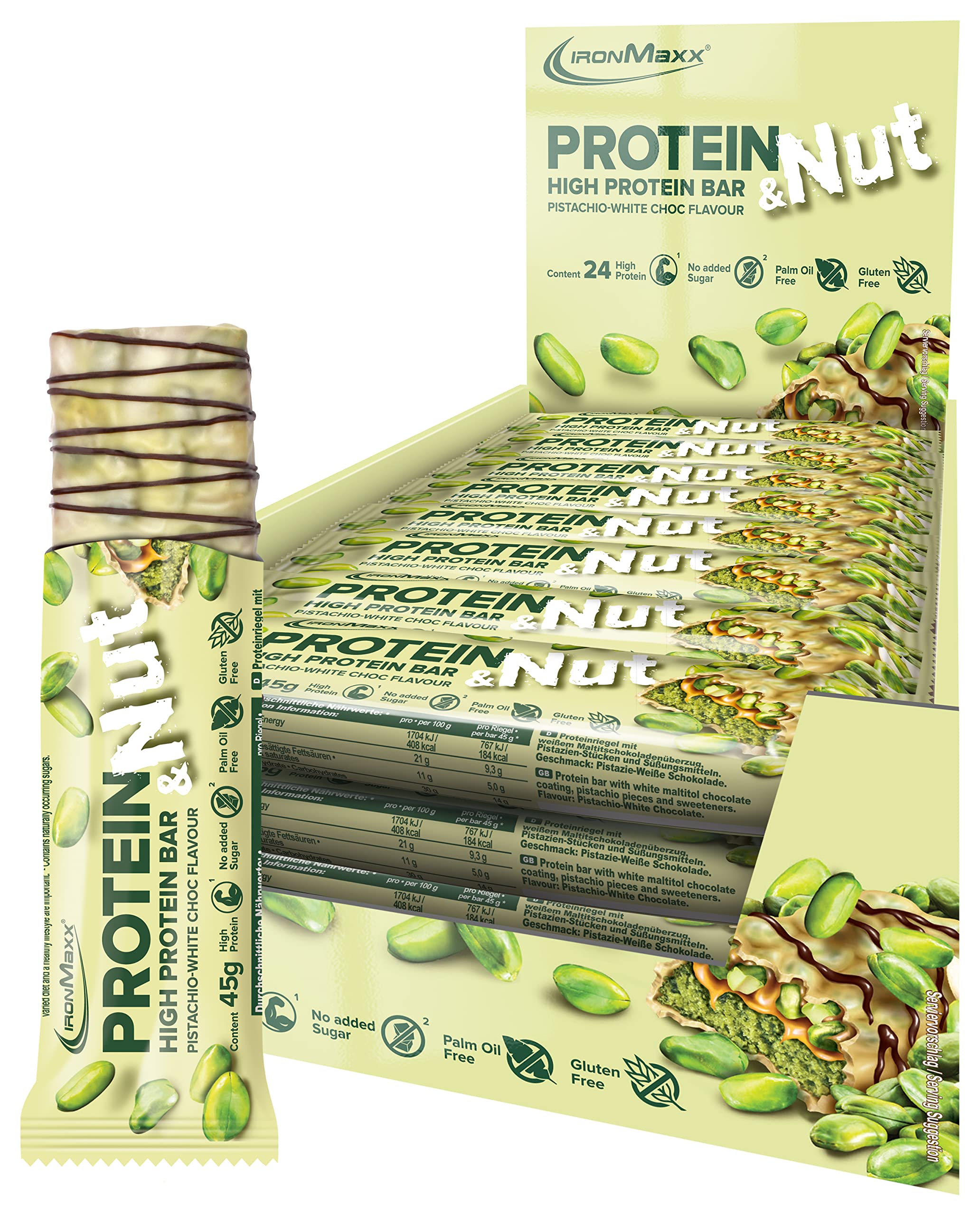 IronMaxx Protein & Nut Proteinriegel - Pistachio White Choc 24 x 45g | High-Protein-Bar mit echten Pistazien | Eiweißriegel glutenfrei, ohne zugesetzte Zucker und palmölfrei