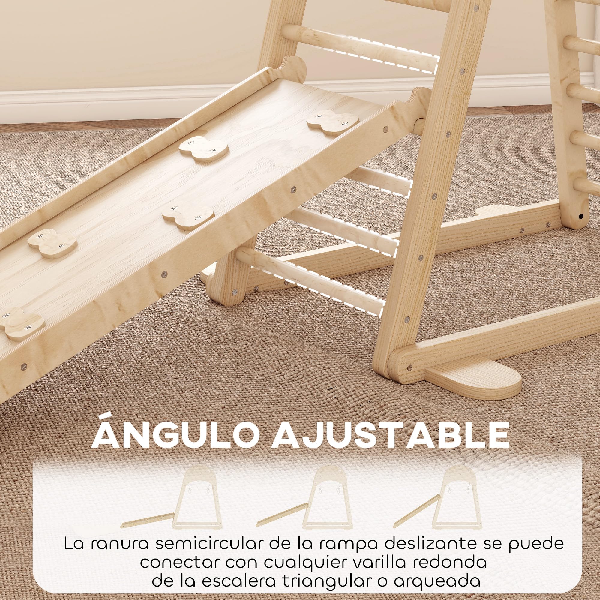 AIYAPLAY 6 en 1 Triángulo de Escalada Montessori, Estructura de Escalada de Madera con Plataforma, Anillos y Tobogán, para Deslizarse o Escalar, para Niños de 18-48 Meses, Interiores, Natural