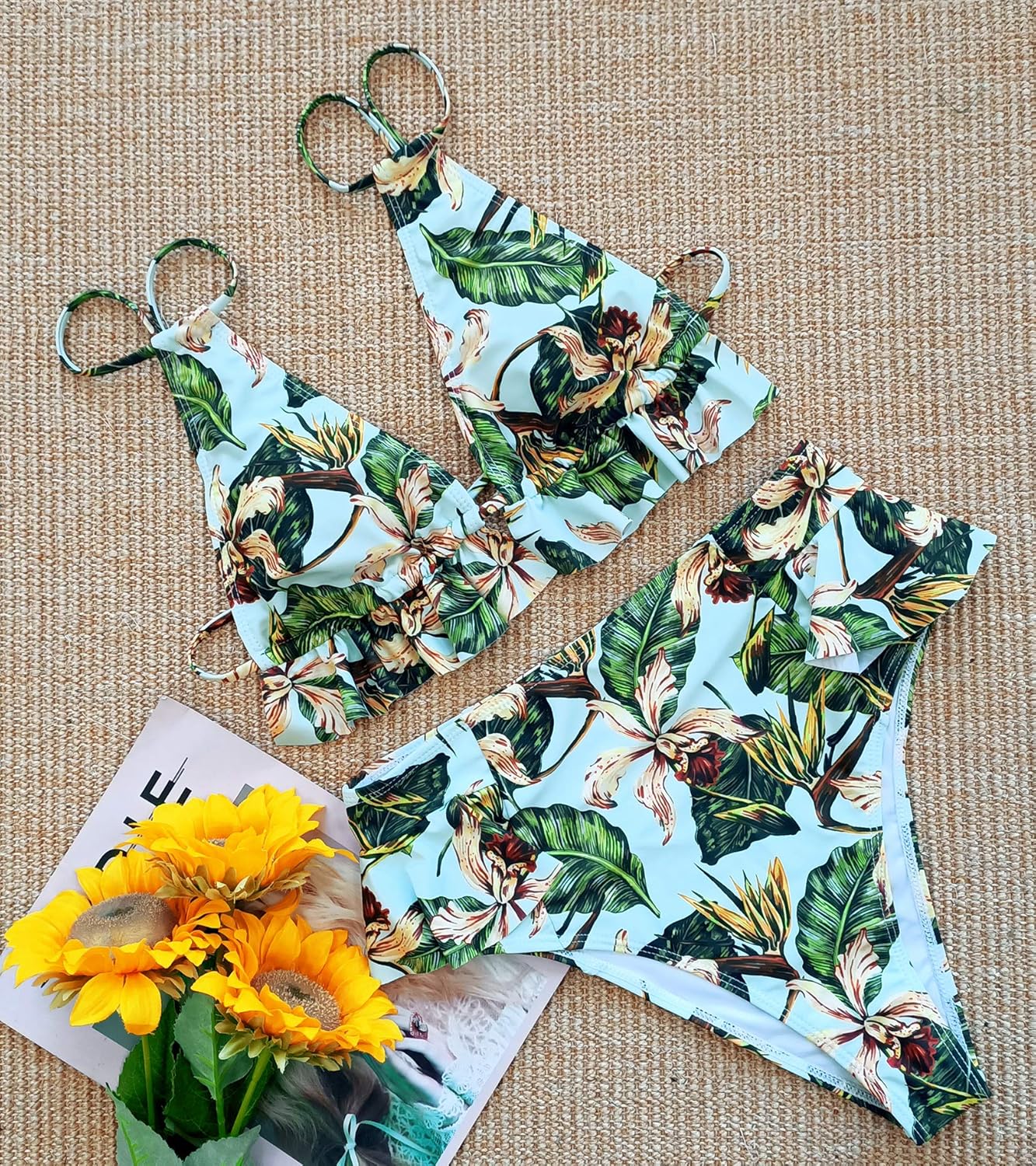 SPORLIKE Women High Waisted Swimsuit Ruffle V Neck Bikini Two Pieces Swimwear - Image 4