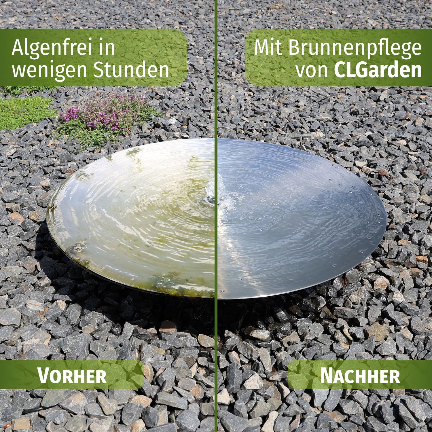 CLGarden Premium Springbrunnenzusatz 1 Liter gegen Algen, Kalk, glitschige Ablagerungen und schleimiges Wasser, Schaumfrei, Biologisch abbaubar, Gartenbrunnen Zimmerbrunnen klar Wasserzusatz