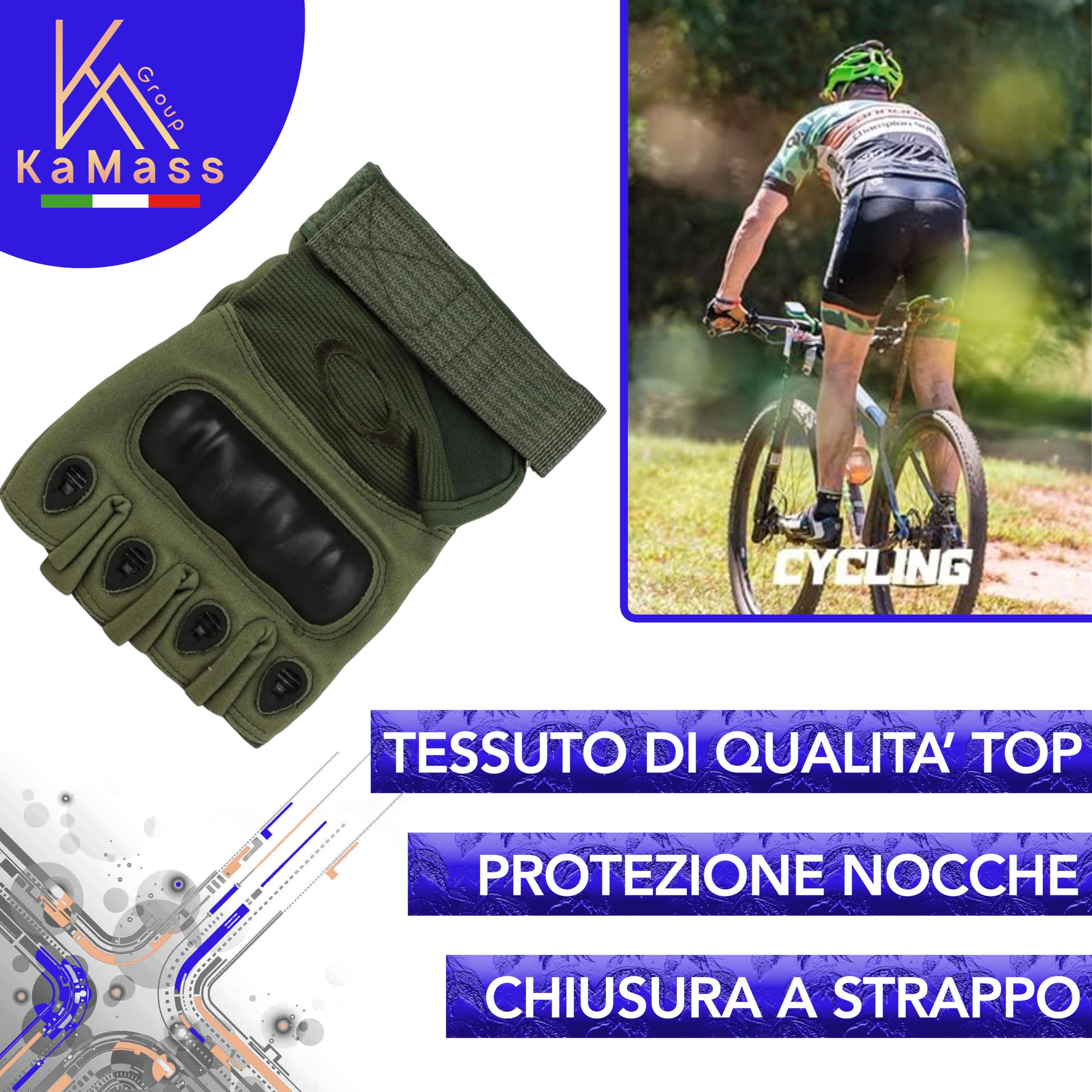 Kamass Guanti PAINTBALL tattici militari Unisex mezze dita per outdoor con protezione nocche MTB Leggeri Antivento e Antitaglio