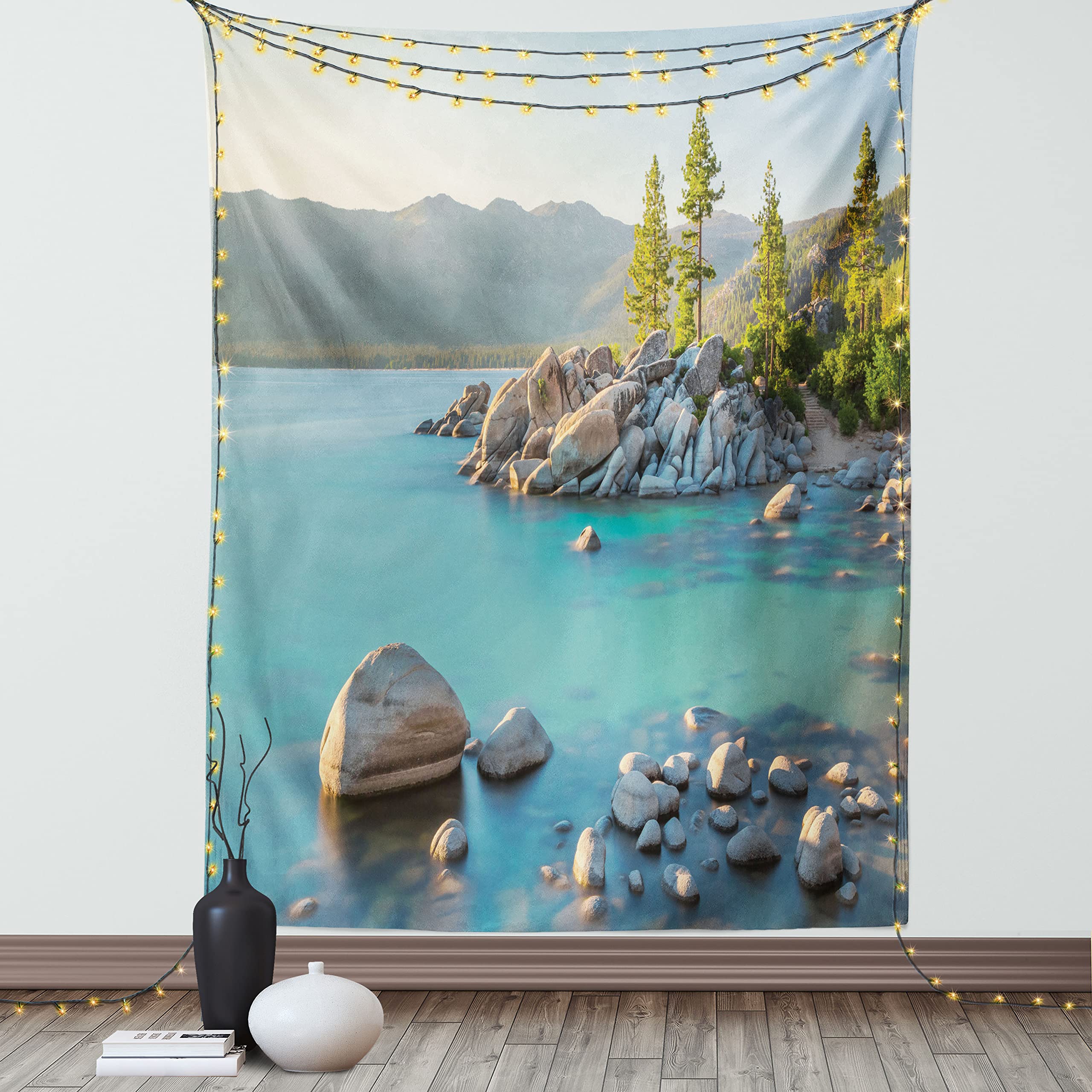 ABAKUHAUS Lago Tappeto da Parete e Copriletto, Campagna Lago Beach, Colori Chiari Non sbiadiscono, 140 x 230 cm, Blu Grigio
