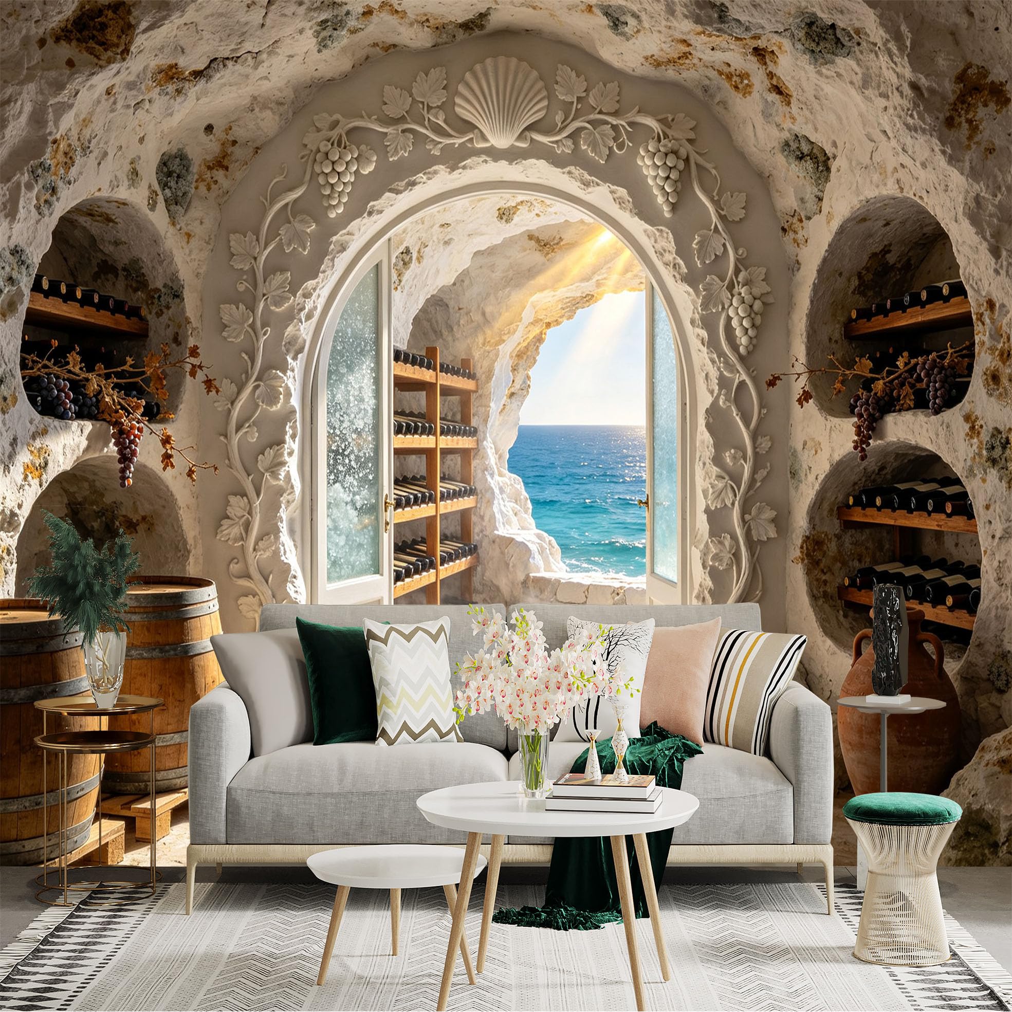 Lnzczhyre Bh260719381 Custom Size Wall Sticker Mural， Mediterranean Wine Cellar， Sea View Archway， Rustic Barrel And Grapes， For Wall Decoration， Peelandstick Wall Decals.