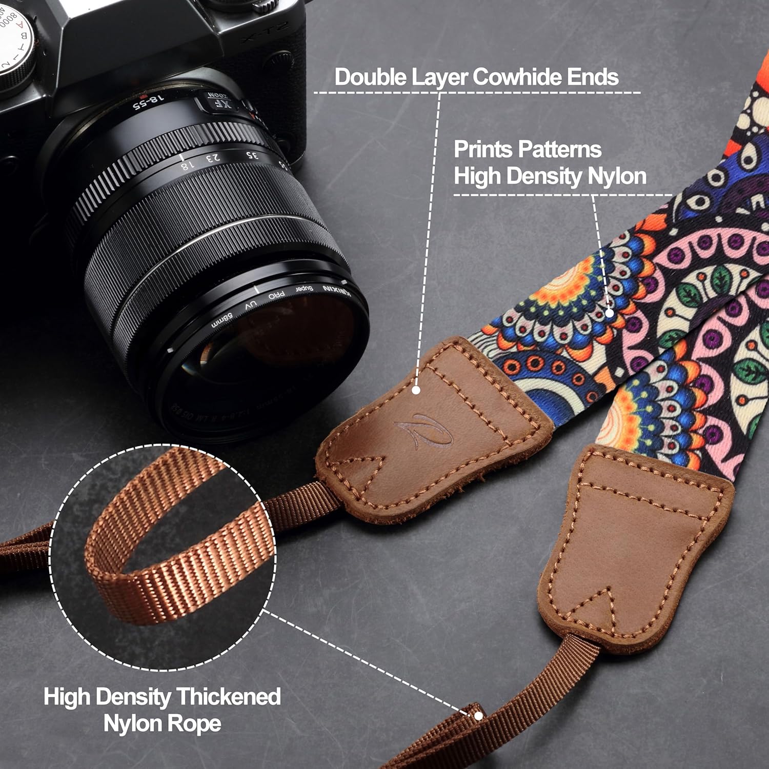 Padwa Lifestyle Camera Strap - 1.5" Soft Nylon Print Crazy Horse Cowhide Head Camera Straps for Photographers and All Cameras,Cute Adjustable Vintage Woven Strap for Adults & Kids(Bohemian Bloom) - Image 3