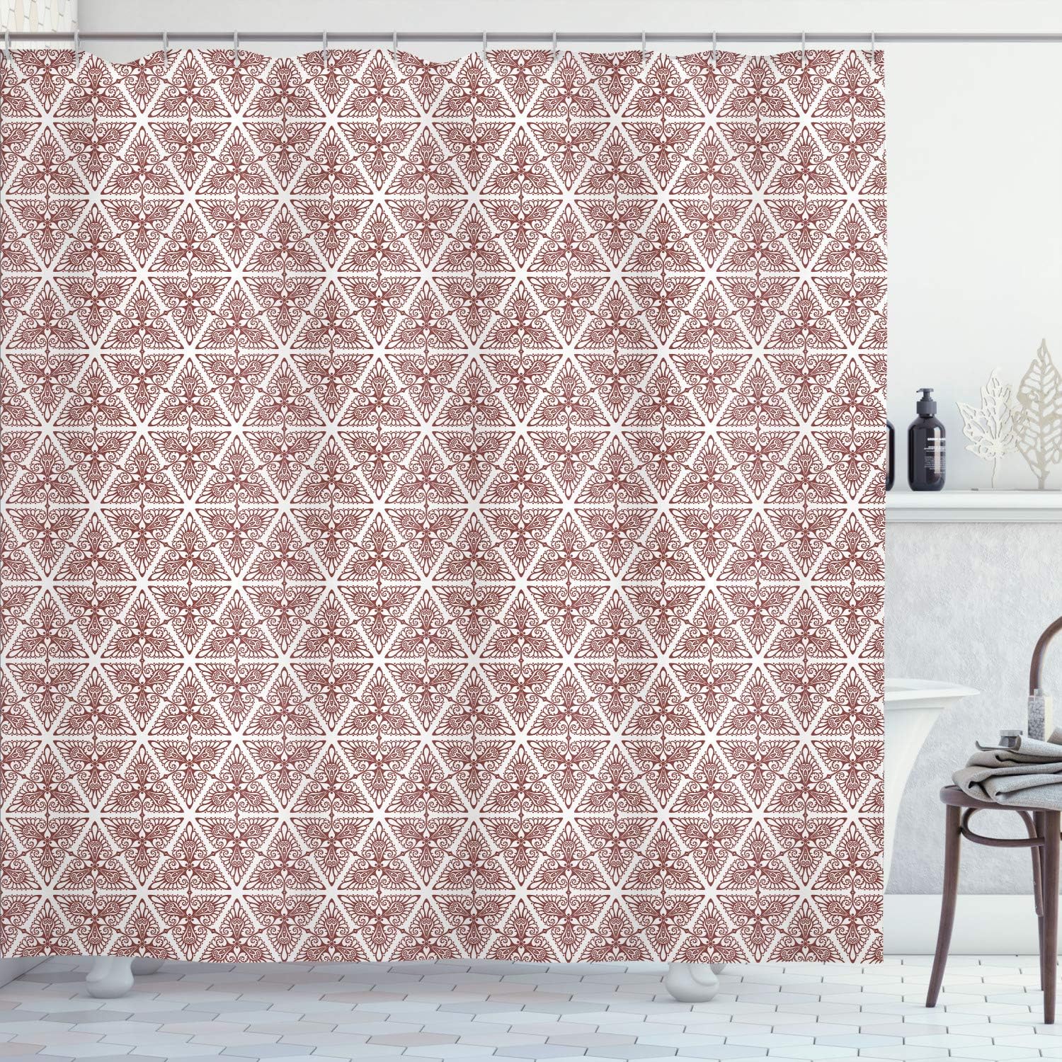 Ambesonne Vintage Shower Curtain, Classical Art Nouveau Style Floral Pattern with Renaissance Inspirations, Cloth Fabric Bathroom Decor Set with Hooks, 70" Long, White Mauve
