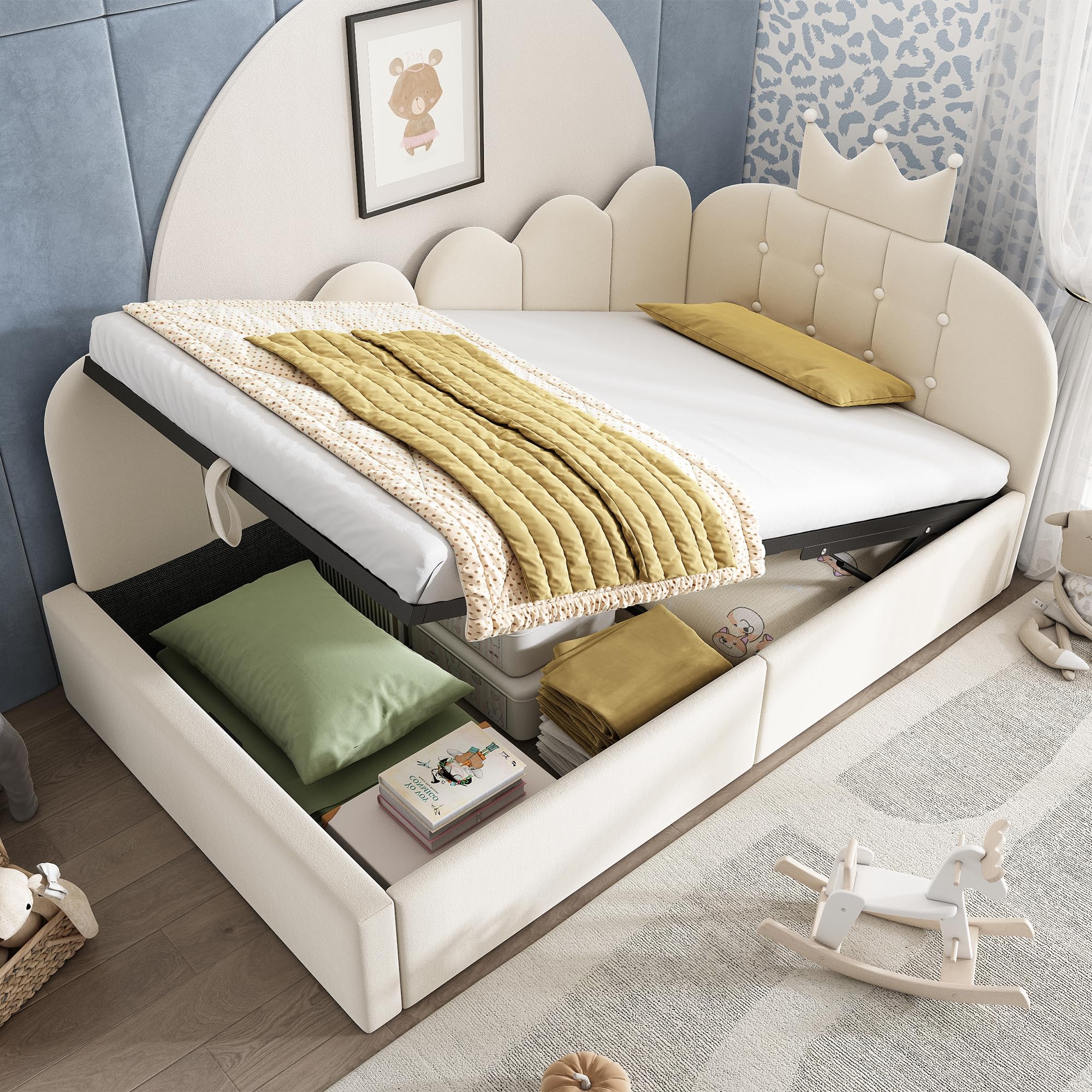 Merax Single Beige Upholstered Bed, 3ft Single Day Bed Ottoman Bed with Hydraulic Storage, Design with Crown-shaped, Metal Slatted Frame, for Adults Children, Velvet/90x190cm(No Mattress)