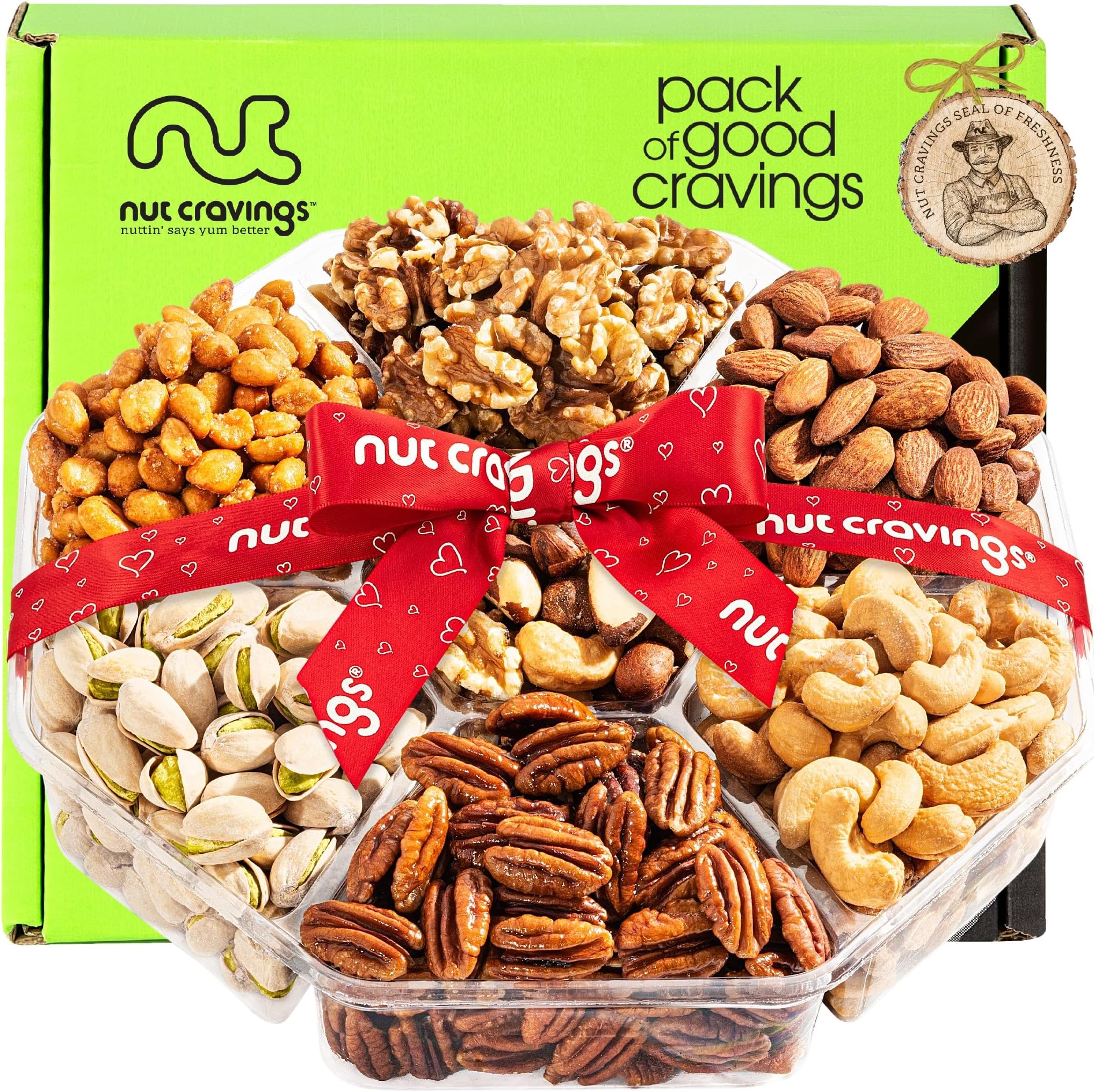 Gourmet Collection - Mixed Nuts Gift Basket + Heart Ribbon (7 Assortments) Arrangement Platter, Birthday Care Package - Healthy Kosher USA Made