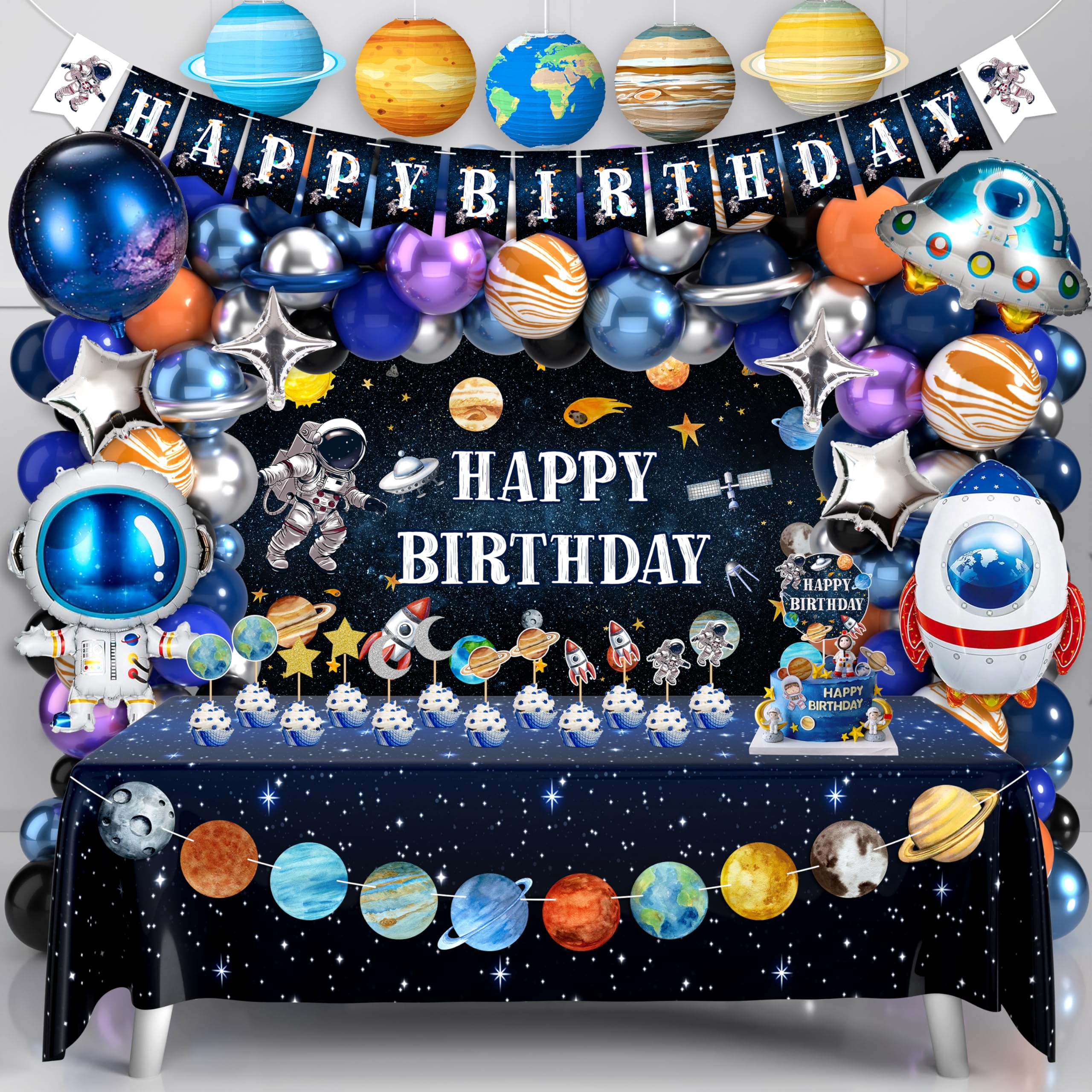 Outer Space Birthday Party Decorations Space Themed Party Supplies Planet Banner Backdrop Cake Topper Solar System Paper Lantern Galaxy Tablecloth