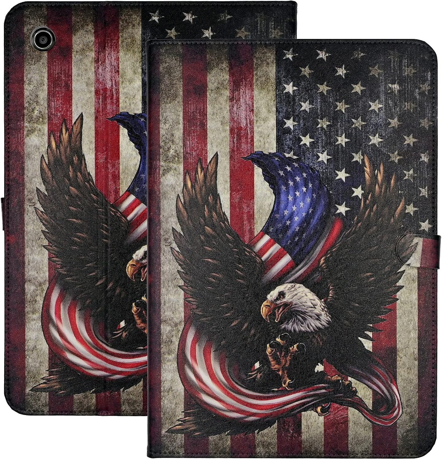YHB Case for Amazon Fire HD 10 Tablet (7th Generation and 9th Generation, 2017 and 2019 Release) Slim Folding Premium PU Leather Stand Shell Shockproof TPU Interior Cover, Bald Eagle American Flag