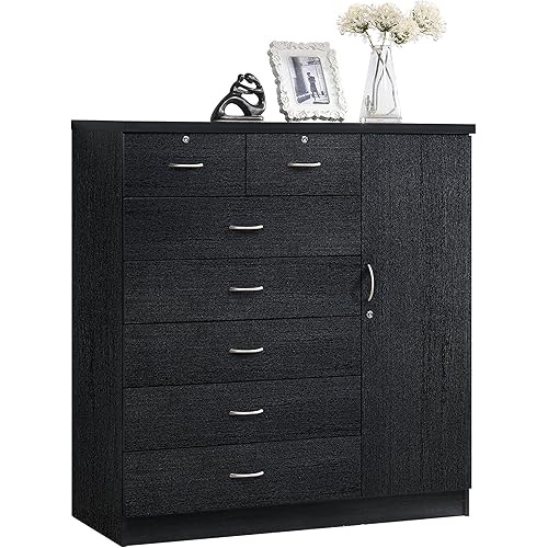 Hodedah 7 Drawer Jumbo Chest, Five Large Drawers, Two Smaller Drawers with Two Lock, Hanging Rod, and Three Shelves | Black