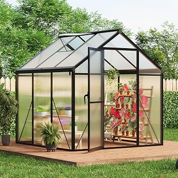 6x6 FT Greenhouse for Outdoors, Polycarbonate Greenhouse with Roof Vent, Ground Nails, Lockable Push Door, Aluminum Large Walk-in Green House for Outside Garden Backyard, Patio, Lawn, Black