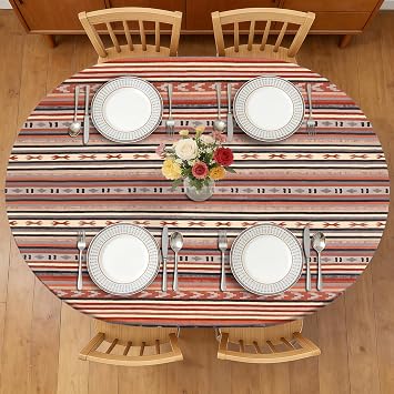 Boho 48 x 68 Inch Oval Fitted Tablecloth with Elastic Edged, Waterproof Oil Proof Wipeable Oblong Table Cover for Indoor Outdoor Patio Table, Fits Oblong Oval Tables Up to 48" W x 68" L