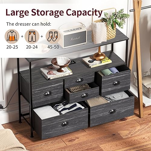 Miniatura 4 de AMISEN Mueble para TV con 6 cajones, hasta 45 pulgadas con tomas de corriente, cómoda de tela para dormitorio, centro de entretenimiento para sala