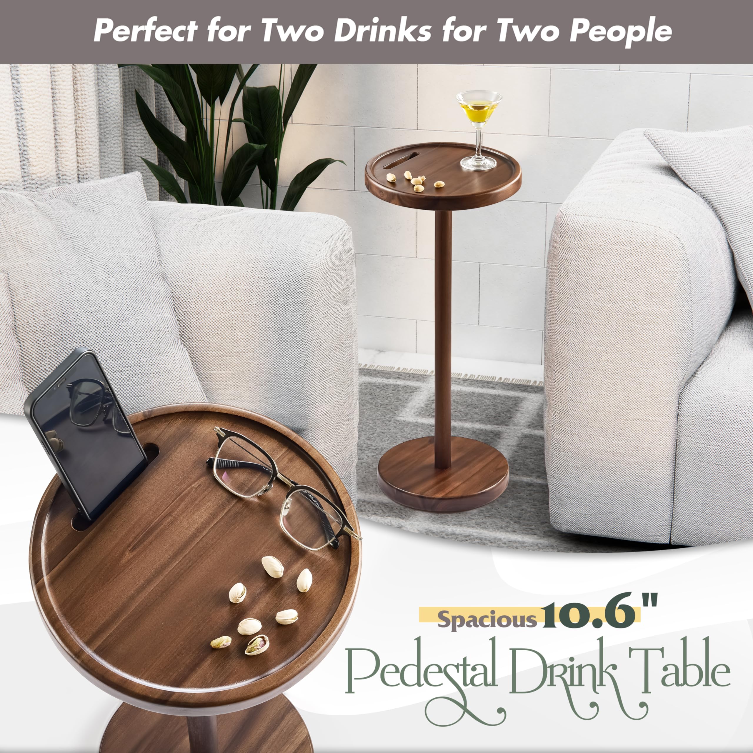 Mesa de bebidas, mesa auxiliar compacta de 24.4 pulgadas de alto con ranura para teléfono y base pesada, mesa de pedestal duradera para sala de estar (plana, nogal) 6
