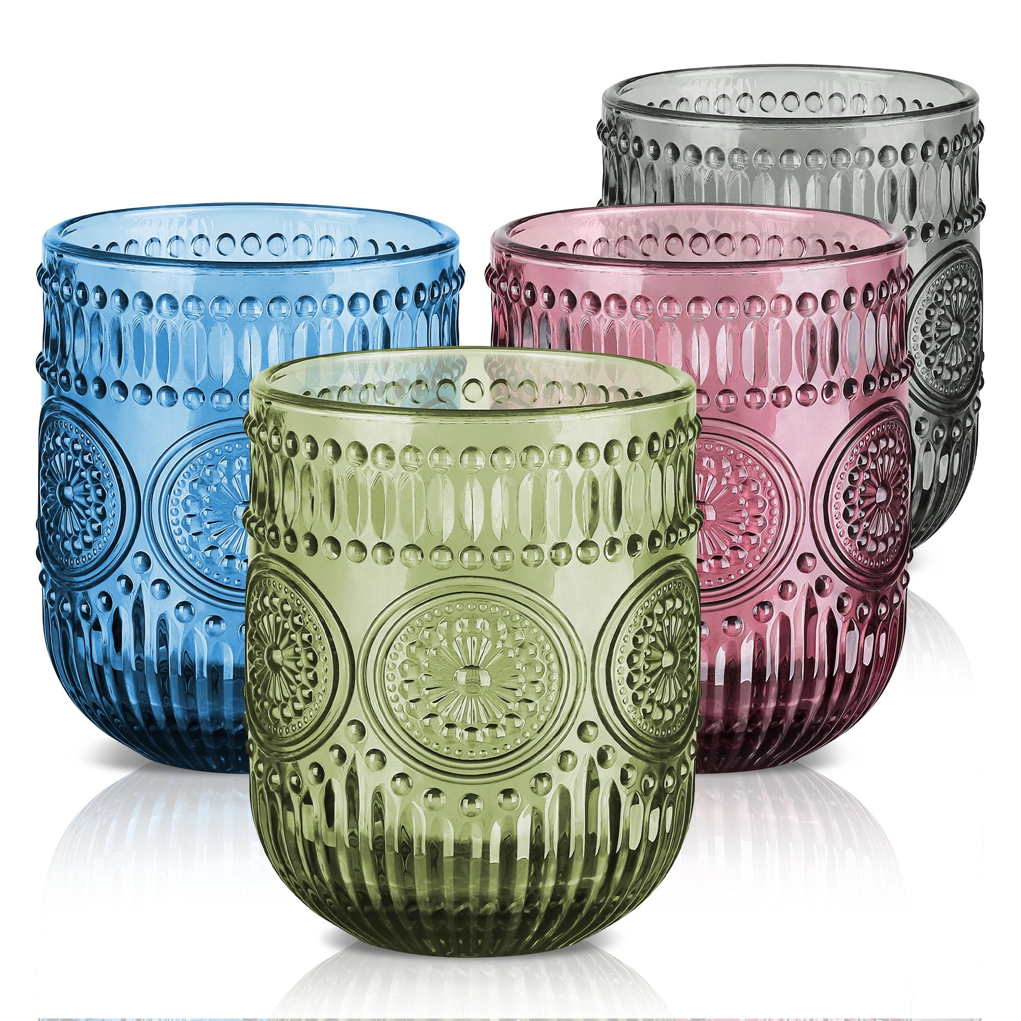 Joeyan Lot de 4 Multicolore Verres à Boire, 260ml Coloré Verres à Jus et Soda, Vintage Verres à Eau Décoré en Floraux Relief, Verre de table Pour Eau Gazeuse, Apéritif et Bière, Lavable Lave-Vaisselle