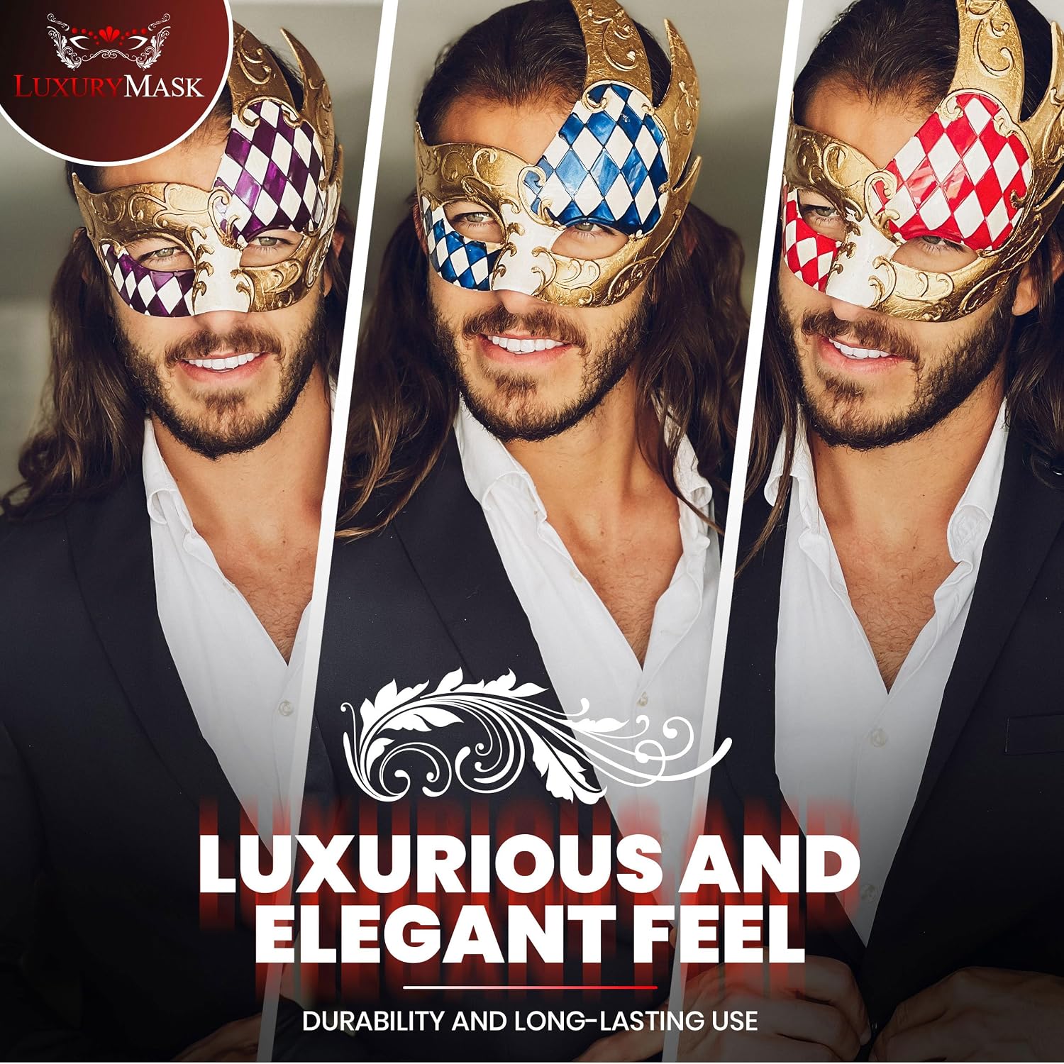 Luxury Mask® Masquerade Mask for Men Musical Checkered Vintage Design Mask for Mardi Gras, Prom and Masquerade Party
