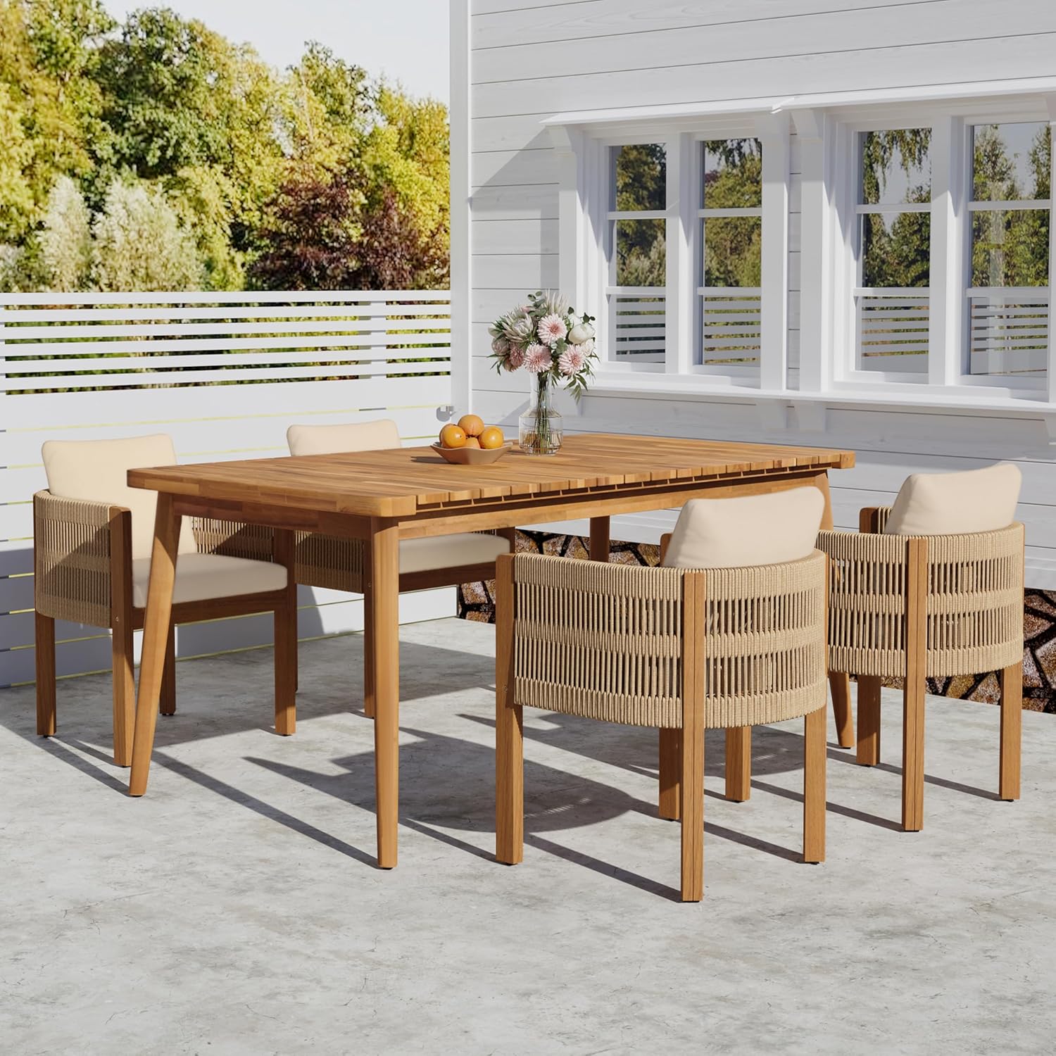 All-Weather 5-Piece Patio Dining Set, Acacia Wood Outdoor Table with Slatted Top & 4 Chairs Including Washable Waterproof Cushions for Garden, Backyard (Beige,Teak, Table and 4 Chairs)