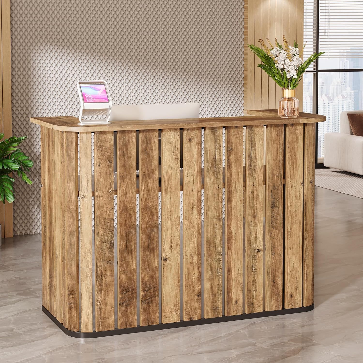 Tribesigns 63-Inch Reception Desk with Counter, Modern U-Shaped Front Desk with Private Panel, Retail Checkout Counter Table for Lobby, Salon, Reception Room, Office, Rustic Brown