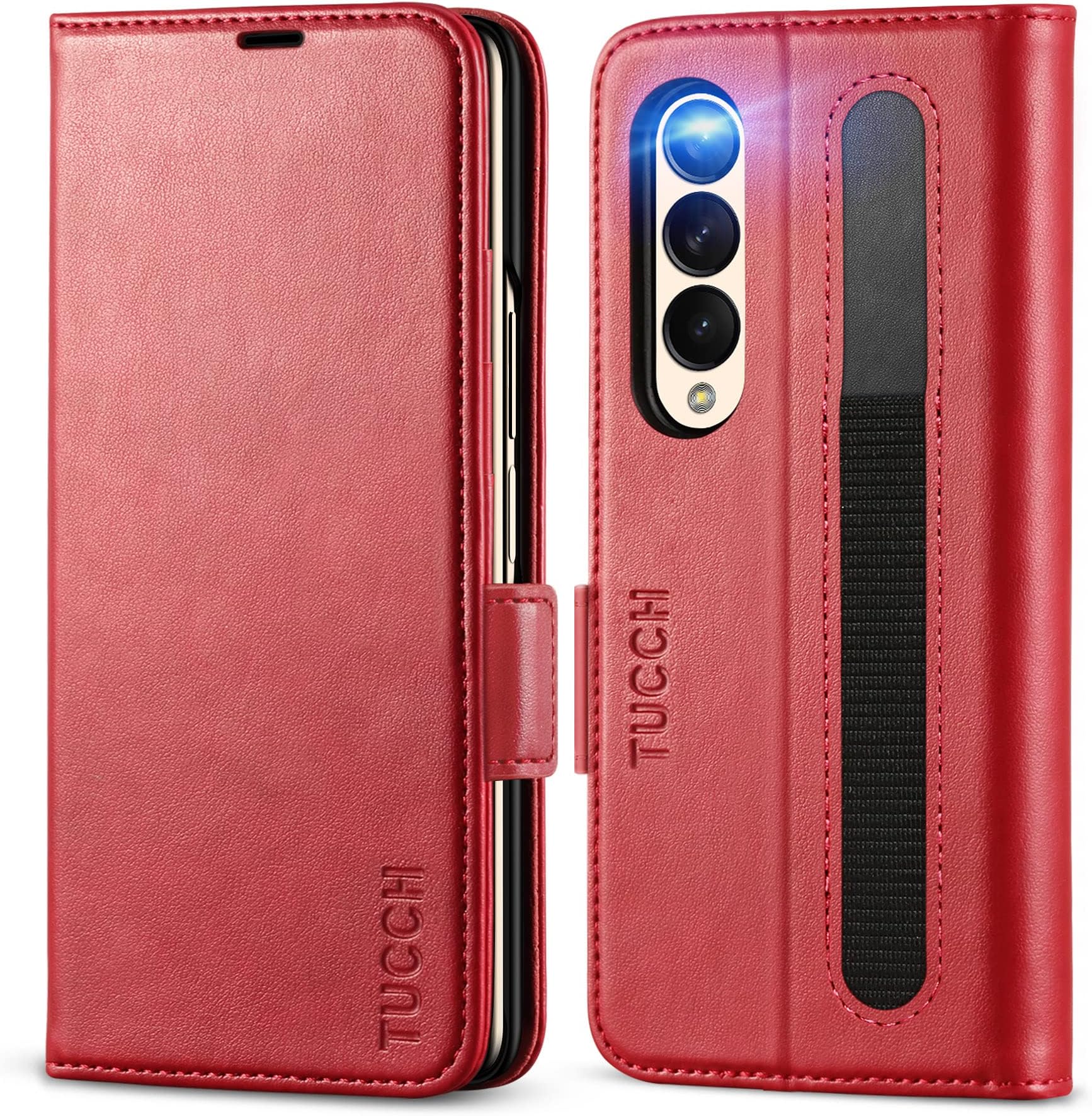 TUCCH Case Wallet for Galaxy Z Fold4 5G, Protective PU Leather Cover with S Pen Holder [RFID Blocking] [PC Shell] [Card Slot] Viewing Stand Folio Flip Compatible with Galaxy Z Fold 4 7.6", Red