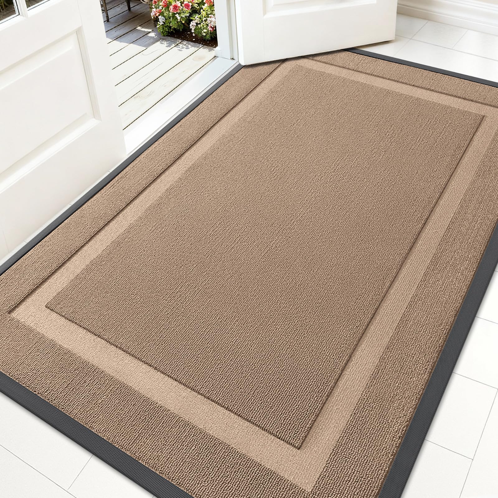 OLANLY Front Door Mat Outside 59x34, All-Season Heavy-Duty Rubber Doormat | Mocha, Absorbent, Stain and Fade Resistant, Waterproof Non-Slip Backing, Low-Profile Indoor Outdoor Floor Mat for Entryway